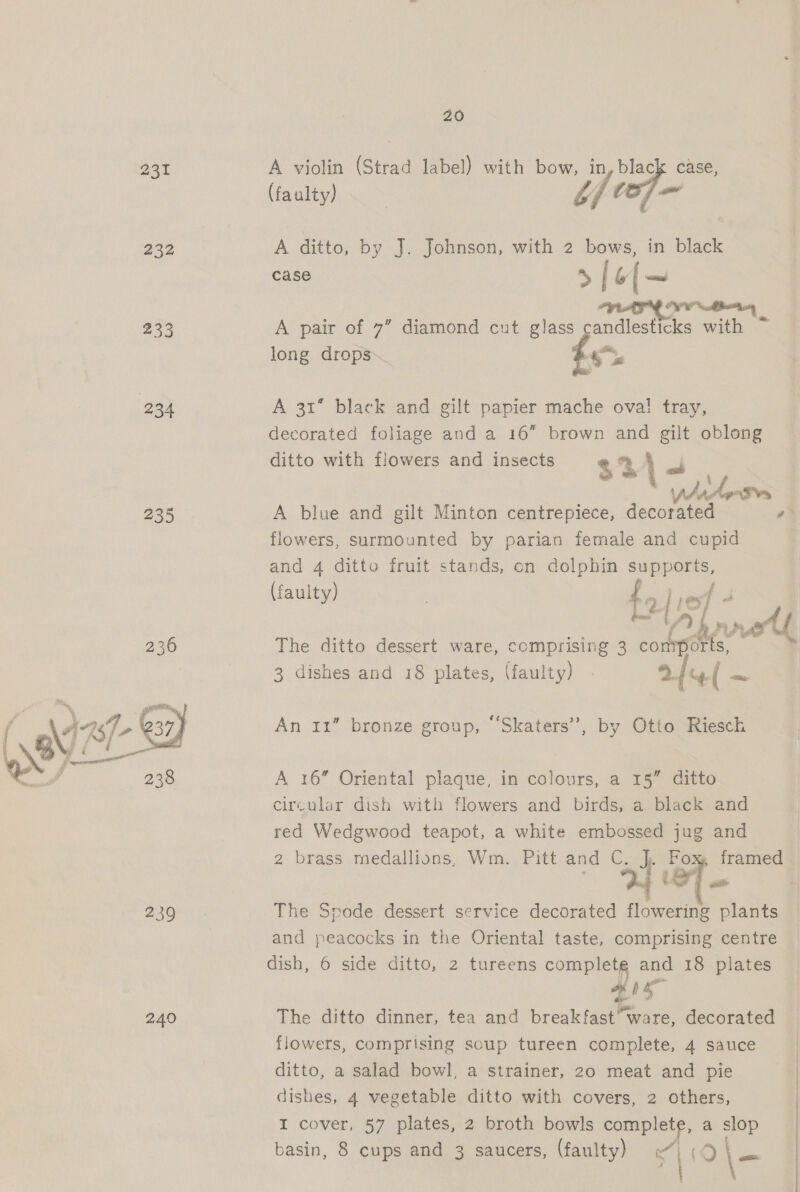 232 233 234 235  249 20 A violin (Strad label) with bow, in, black case, (faulty) ‘4 4 mae A ditto, by J. Johnson, with 2 bows, in black case ‘ [ of va A pair of 7” diamond cut glass candlesticks with ~ long drops fo A 31° black and gilt papier mache ova! tray, decorated foliage and a 16” brown and gilt oblong ditto with flowers and insects $3) 4 yhatersrs A blue and gilt Minton centrepiece, decorated o* flowers, surmounted by parian female and cupid and 4 ditto fruit stands, on dolphin supports, (faulty) { 9 ses] 4 7 by rae The ditto dessert ware, comprising 3 conmports, § ™ 3 dishes and 18 plates, (faulty) ofy( — An 11” bronze group, “Skaters”, by Otto Riesch A 16” Oriental plaque, in colours, a 15” ditto circular dish with flowers and birds, a black and red Wedgwood teapot, a white embossed jug and 2 brass medallions, Wm. Pitt and C. J. Fox, framed The Spode dessert service decorated flowering plants and peacocks in the Oriental taste, comprising centre dish, 6 side ditto, 2 tureens complete and 18 plates as The ditto dinner, tea and breakfast “ware, decorated flowers, comprising soup tureen complete, 4 sauce ditto, a salad bowl, a strainer, 20 meat and pie | dishes, 4 vegetable ditto with covers, 2 others, | I cover, 57 plates, 2 broth bowls complete, a slop