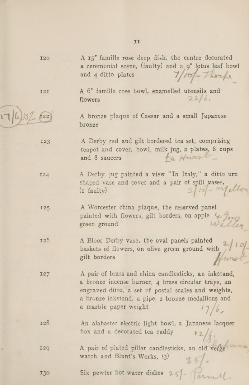 I20 I21I 125 126 127 128 130 II A 15” famille rose deep dish, the centre decorated a ceremonial scene, (faulty) and a 9” Iptus leaf bowl and 4 ditto plates V/. (o] wo Phere A A 6” famille rose bowl, enamelled a and flowers adfe A bronze plaque of Caesar and a small Japanese bronze A Derby red and gilt bordered tea set, comprising teapot and cover, bowl, milk jug, 2 ae | 8 cups and 8 saucers Fe fit sher> 9? A Derby jug painted a view “In Italy,” a ditto urn shaped vase and cover and a pair of spill fo ht (x faulty) 7 j 5 by  A Worcester china plaque, the reserved panel painted with flowers, gilt borders, on apple G%% green ground walt é V, ex A Bloor Derby vase, the oval panels painted , | | wy */ 19 baskets of flowers, on olive green ground with , / ‘ gilt borders frre eo A pair of brass and china candlesticks, an inkstand, a bronze incense burner, 4 brass circular trays, an engraved ditto, a set of postal scales and weights, a bronze inkstand, a pipe, 2 bronze i aster | and a marble paper weight / 1/6. f An alabaster electric light bowl, a Japanese Jacquer box and a decorated tea caddy 12 / 4 A pair of plated pillar candlesticks, an old beth —— watch and Blunt’s Works, (3) aad > Six pewter hot water dishes Qe). |~. if WN