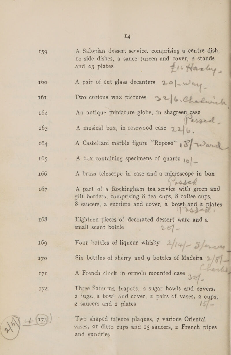 159 168 ve A Salopian dessert service, comprising a centre dish, Io side dishes, a sauce tureen a cover, 2 pene and 23 plates s Nae favy ‘ et A pair of cut glass decanters 2. t ve ra wat Two curious wax pictures Sr} . @b. 4. °% | 5 a a dnt rmg cha, An antique miniature globe, in shagreen case Aw g i | RAGL- Pn A musical box, in rosewood case 3 2] ; A Castellani marble figure ““Repose”’ 15] Wand A box containing specimens of quartz Ho| A brass telescope in case and a microscope in box | \e-reed A part of a Rockingham tea service with green and gilt borders, comprising 8 tea cups, 8 coffee cups,  en ee ee ee Oe en ee 8 saucers, a sucriere and cover, a bowh, and 2 plates y “tad ye af Wighteen pieces of decorated dessert ware and a siial] scent bottle 1 of - Four bottles of liqueur whisky 2 Ai ey > =f, A French clock in ormolu mounted case ., _ / oO Oi -  Three Satsuma teapots, 2 stigar bowls and covers, 2 jugs. a bowl and cover, 2 pairs of vases, 2 cups, 2 saucers and 2 plates fo) — Two shaped fajence plaques, 7 various Oriental vases, 21 ditto cups and 15 saucers, 2 French pipes and sundries