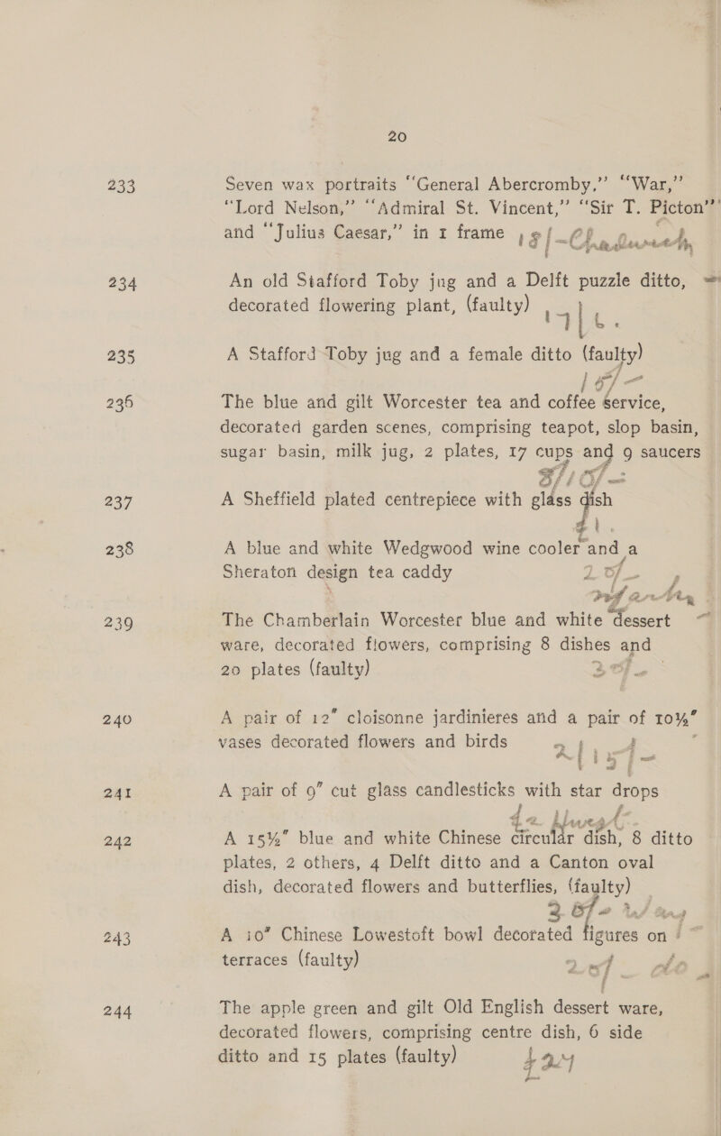 233 234 238 239 240 2A 242 243 244 20 Seven wax portraits ‘“‘“General Abercromby,” “‘War,”’ dae ord Nelson,” “Admiral St. Vincent,” “Sir T. Picton’’ and “Julius Caesar,” in r frame 1g. wy Ainade An old Stafford Toby jug and a Delft puzzle ditto, = decorated flowering plant, (faulty) iste A Stafford Toby jug and a female ditto ianlia a] A / The blue and gilt Worcester tea and coffee Service, decorated garden scenes, comprising teapot, slop basin, sugar basin, milk jug, 2 plates, 17 cups and 9 saucers B/ if i sf _: A Sheffield plated centrepiece with glass a a A blue and white Wedgwood wine cooler ne, a Sheraton design tea caddy Z ae Ar, | The Chamberlain Worcester blue and white Oeecort “ ware, decorated flowers, comprising 8 dishes and 20 plates (faulty) BEF 1 A pair of 12” cloisonne jardinieres and a pair of 10%” vases decorated flowers and birds » f } ; A LT § a A pair of 9” cut glass candlesticks with star drops A 15% blue and white Chinese de Mera 8 ditto plates, 2 others, 4 Delft ditto and a Canton oval dish, decorated flowers and butterflies, (faulty) < BT wo And ten. 3 A 10” Chinese Lowestoft bowl decorated fioures on: ~ terraces (faulty) 3 af bt | The apple green and gilt Old English dessert ware, decorated flowers, comprising centre dish, 6 side 