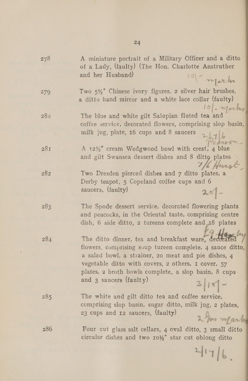 278 279 280 281 282 283 284 285 24 A miniature portrait of a Military Officer and a ditto of a Lady, (faulty) (The Hon. Charlotte Anstruther and her Husband) (oO) - Two 5%” Chinese ivory figures, 2 silver hair brushes, a ditto hand mirror and a white lace collar (faulty) o | z i wing The blue and white gilt Salopian fluted tea and — coffee service, decorated flowers, comprising slop basin, milk jug, plate, 16 cups and 8 saucers oda a hee A 12% cream Wedgwood bowl with crest, 4 blue and gilt Swansea dessert dishes and 8 ditt MK He ee: Two Dresden pierced dishes and 7 ditto Sake a Derby teapot, 5 Copeland coffee cups and 6 saucers, (faulty) 2. = The Spode dessert service, decorated flowering plants and peacocks, in the Oriental taste, comprising centre dish, 6 side ditto, 2 tureens complete and 8 plates The ditto dinner, tea and breakfast ware, £4 Hees | flowers, comprising soup tureen complete, 4 sauce ditto, a salad bowl, a strainer, 20 meat and pie dishes, 4 vegetable ditto with covers, 2 others, I cover, 57 plates, 2 broth bowls complete, a slop basin, 8 cups and 3 saucers (faulty) 2 | < > The white and gilt ditto tea and coffee service, comprising slop basin, sugar ditto, milk jug, 2 plates, 23 cups and 12 saucers, (faulty) >. ae a pa “We far circular dishes and two 10%” star cut oblong ditto 4a] 6, 