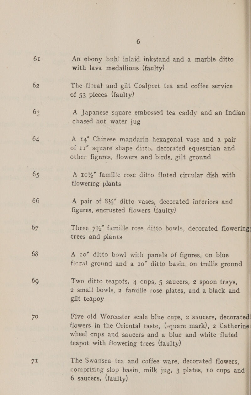 61 62 64 65 66 67 68 69 70 71  6 An ebony buh! inlaid inkstand and a marble ditto with lava medallions (faulty) The floral and gilt Coalport tea and coffee service of 53 pieces (faulty) A Japanese square embossed tea caddy and an Indian chased hot water jug A 14” Chinese mandarin hexagonal vase and a pair of 11” square shape ditto, decorated equestrian and other figures, flowers and birds, gilt ground A r0o¥%” famille rose ditto fluted circular dish with flowering plants A pair of 8%” ditto vases, decorated interiors and figures, encrusted flowers (faulty)  tt i I  Three 7%” famille rose ditto bowls, decorated flowering: trees and plants | A 10” ditto bowl with panels of figures, on blue | floral ground and a 10” ditto basin, on trellis ground | Two ditto teapots, 4 cups, 5 saucers, 2.spoon trays, 2 small bowls, 2 famille rose plates, and a black and gilt teapoy Five old Worcester scale blue cups, 2 saucers, decorated! flowers in the Oriental taste, (square mark), 2 Catherine wheel cups and saucers and a blue and white fluted teapot with flowering trees (faulty) The Swansea tea and coffee ware, decorated flowers, — comprising slop basin, milk jug, 3 plates, 10 cups and | 6 saucers, (faulty) { yi