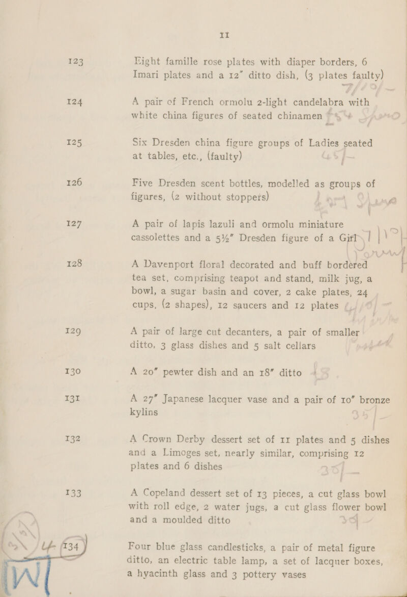 123 Eight famille rose plates with diaper borders, 6 Imari plates and a 12” ditto dish, (3 plates faulty) 124 A pair of French ormolu 2-light candelabra with white china figures of seated chinamen “* 125 Six Dresden china figure groups of Ladies pes at tables, etc., (faulty) é 126 Five Dresden scent bottles, modelled as groups of figures, (2 without stoppers) ., He wry, 127 A pair of lapis lazuli and ormolu miniature . &gt;| cassolettes and a 5%” Dresden figure of a Gitl | | \ [- te + MAAS 128 A Davenport floral decorated and buff bordered tea set, comprising teapot and stand, milk jug, a bowl, a sugar basin and cover, 2 cake plates, 24 | cups, (2 shapes), 12 saucers and 12 plates /,, | 129 A pair of large cut decanters, a pair of smaller ditto, 3 glass dishes and 5 salt cellars 130 A 20” pewter dish and an 18” ditto + 131 A 27 Japanese lacquer vase and a pair of 10” bronze kylins by | 132 A Crown Derby dessert set of rr plates and 5 dishes and a Limoges set, nearly similar, se 12 plates and 6 dishes ay 133 A Copeland dessert set of 13 pieces, a cut glass bowl with roll edge, 2 water jugs, a cut glass flower bowl d| and a moulded ditto 1 Four blue glass candlesticks, a pair of metal figure ditto, an electric table lamp, a set of lacquer boxes, a hyacinth glass and 3 pottery vases 