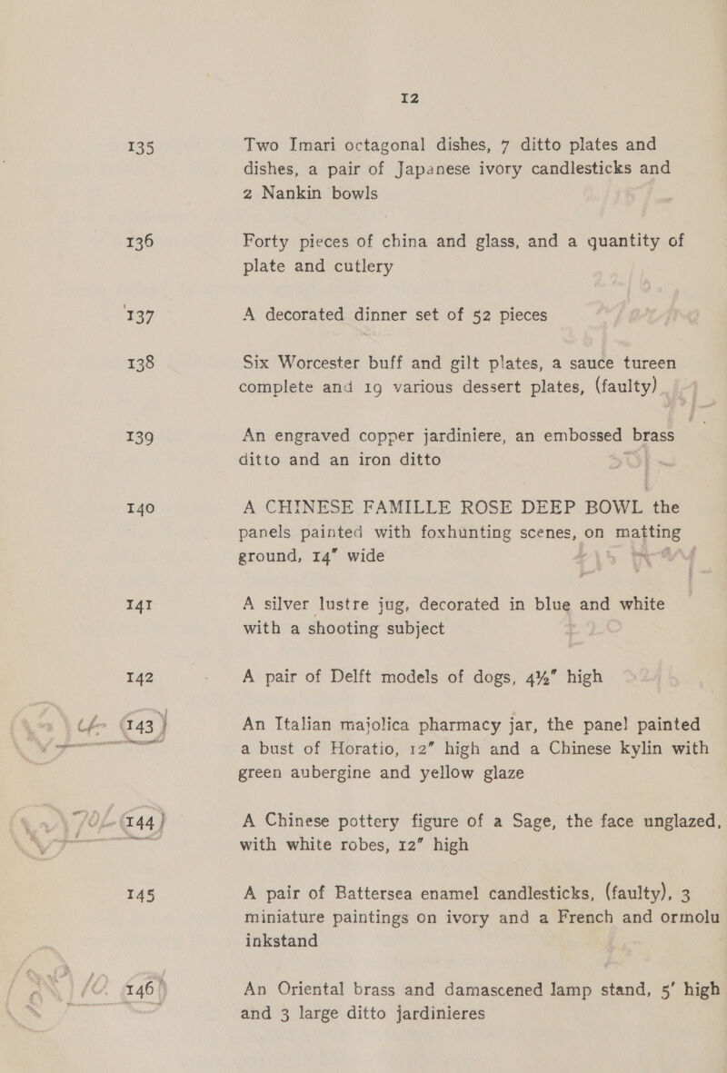 135 136 137 138 139 I40 T4I 46) I2 Two Imari octagonal dishes, 7 ditto plates and dishes, a pair of Japanese ivory candlesticks and 2 Nankin bowls Forty pieces of china and glass, and a quantity of plate and cutlery A decorated dinner set of 52 pieces Six Worcester buff and gilt plates, a sauce tureen complete and 19 various dessert plates, (faulty) An engraved copper jardiniere, an embossed brass ditto and an iron ditto wi A CHINESE FAMILLE ROSE DEEP BOWL the panels painted with foxhunting scenes, on matting ground, 14” wide eiS A A silver lustre jug, decorated in blue and white with a shooting subject A pair of Delft models of dogs, 4%” high An Italian majolica pharmacy jar, the pane! painted a bust of Horatio, 12” high and a Chinese kylin with green aubergine and yellow glaze A Chinese pottery figure of a Sage, the face unglazed, with white robes, 12” high A pair of Battersea enamel candlesticks, (faulty), 3 miniature paintings On ivory and a French and ormolu inkstand An Oriental brass and damascened lamp stand, 5’ high