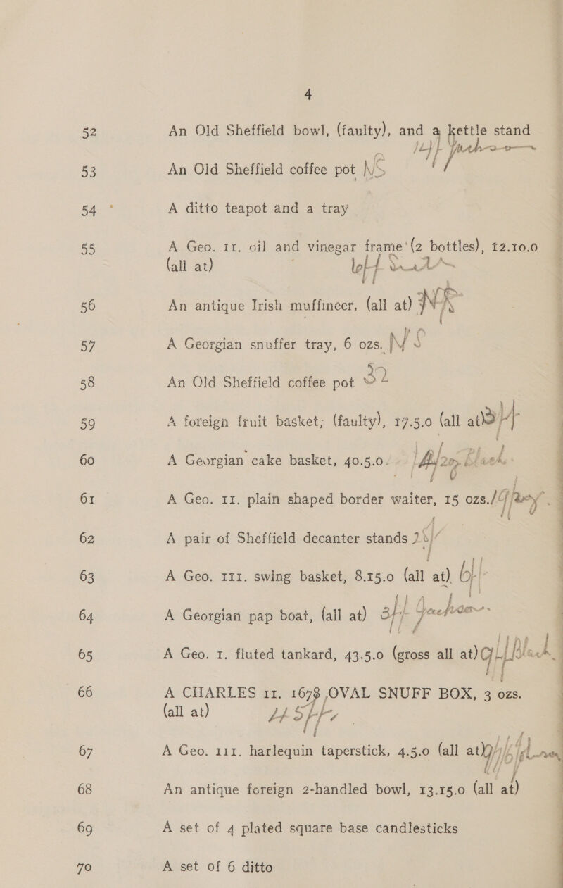 52 5p 54 55 56 57 58 59 60 61 62 63 64 65 66 67 68 69 70 4 An Old Sheffield bowl, (faulty), and a / 14 fakes —— An Old Sheffield coffee pot NS A ditto teapot and a tray AaoGeo. Ti, 01) and vinegar frame’ (2 bottles), 12.10.0 @ (all at) otf vary oS : i An antique Irish muffineer, (all at) NR | : arr A Georgian snuffer tray, 6 ozs. N 3 An Old Sheffield coffee pot © xe) a ee A foreign fruit basket; (faulty), 17.3.0 (all 2) A Georgian cake basket, 40.5.0. fag bl heh, A Geo. 11. plain shaped border waiter, 15 ozs. puny. A pair of Sheffield decanter stands 28, 7 A Geo. 111. swing basket, 8.15.0 a at) bf A Georgian pap boat, {all at) or Geet sk? 4 L #£    ‘the da A Geo. 1. fluted tankard, 43.5.0 (gross all alt Meck, A CHARLES 11. 1678 OVAL SNUFF BOX, 3 ozs. (all at) H Spf A Geo. 111. harlequin taperstick, 4.5.0 (all Dib lA id us oe | An antique foreign 2-handled bowl, 13.15.0 (all at) A set of 4 plated square base candlesticks A set of 6 ditto