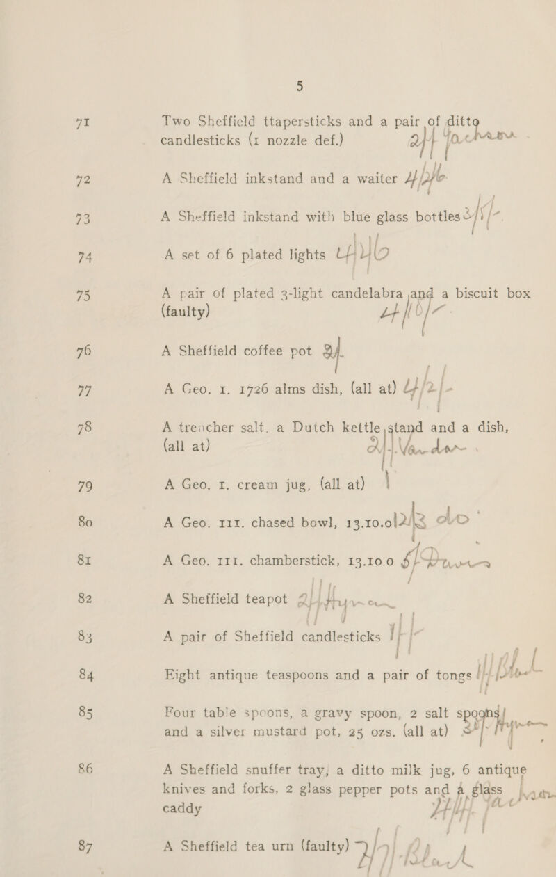 oe NI Qs 74 75 76 77 78 79 80 81 82 83 84 85 &amp;6 87 5 Two Sheffield ttapersticks and a a of Pfache candlesticks (x nozzle def.) — A Sheffield inkstand and a waiter bj J A Sheffield inkstand with blue glass bottles of ae , |/ A set of 6 plated lights LH 1/0 A pair of plated 3-light eee ity a biscuit box (faulty) afd] A Sheffield coffee pot 2f A Geo. 1. 1726 alms dish, (all at) L}/2 bo | i A trencher salt, a Dutch evi and a dish, (all at) Ay Nae ae re A Geo. I. cream jug, (all at) A Geo. 113. chased bowl, 13.10. old oo * A Geo. 111. chamberstick, 13.10.0 gf Wied I} fe A Sheffield teapot 2) ry ~ 5 } f Pe A pair of Sheffield candlesticks Ir Ie 1 ad 1) dy, A Eight antique teaspoons and a pair of tongs if | 14 he Four table spoons, a gravy spoon, 2 salt “By “ ele and a silver mustard pot, 25 ozs. (all at) : A Sheffield snuffer tray, a ditto milk jug, 6 fi knives and forks, 2 glass pepper pots and a, glass hvauth caddy ya) ya : A Sheffield tea urn (faulty) Wy A, ) { AMS a: Sy