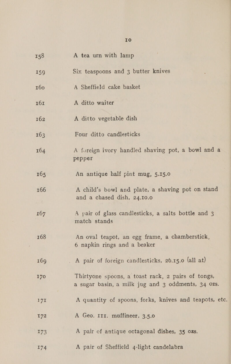 165 166 167 168 169 170 17r 10 A tea urn ith lamp Six teaspoons and 3 butter knives A Sheffield cake basket A ditto waiter A ditto vegetable dish Four ditto candlesticks A foreign ivory handled shaving pot, a bowl and a pepper An antique half pint mug, 5.15.0 A child’s bowl and plate, a shaving pot on stand and a chased dish, 24.10.0 A pair of glass candlesticks, a saits bottle and 3 match stands An oval teapot, an egg frame, a chamberstick, 6 napkin rings and a beaker A pair of foreign candlesticks, 26.15.0 (all at) Thirtyone spoons, a toast rack, 2 pairs of tongs, a sugar basin, a milk jug and 3 oddments, 34 ozs. A quantity of spoons, forks, knives and teapots, ete. A Geo. 111. muffineer, 3.5.0 A pair ef antique octagonal dishes, 35 ozs. A pair of Sheffield 4-light candelabra