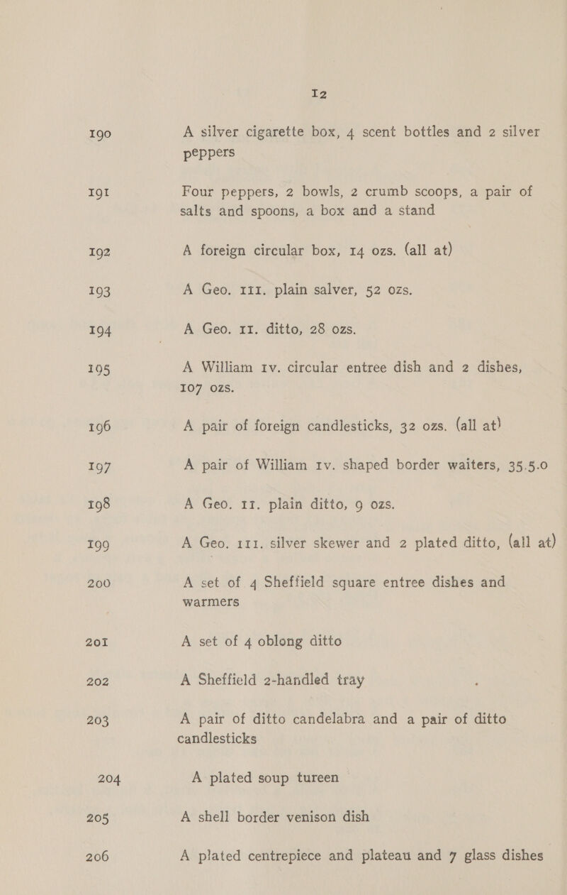 190 IQgt 192 193 194 205 206 I2 A silver cigarette box, 4 scent bottles and 2 silver peppers Four peppers, 2 bowls, 2 crumb scoops, a pair of salts and spoons, a box and a stand A foreign circular box, 14 ozs. (all at) A Geo. 111. plain salver, 52 ozs. A Geo. 11. ditto, 28 ozs. A William trv. circular entree dish and 2 dishes, 107 ozs. A pair of foreign candlesticks, 32 ozs. (all at) A pair of William rv. shaped border waiters, 35.5.0 A Geo. 11. plain ditto, 9 ozs. A Geo. 111, silver skewer and 2 plated ditto, (all at) A set of 4 Sheffield square entree dishes and warmers A set of 4 oblong ditto A Sheffield 2-handled tray A pair of ditto candelabra and a pair of ditto candlesticks A plated soup tureen A shell border venison dish A plated centrepiece and plateau and 7 glass dishes