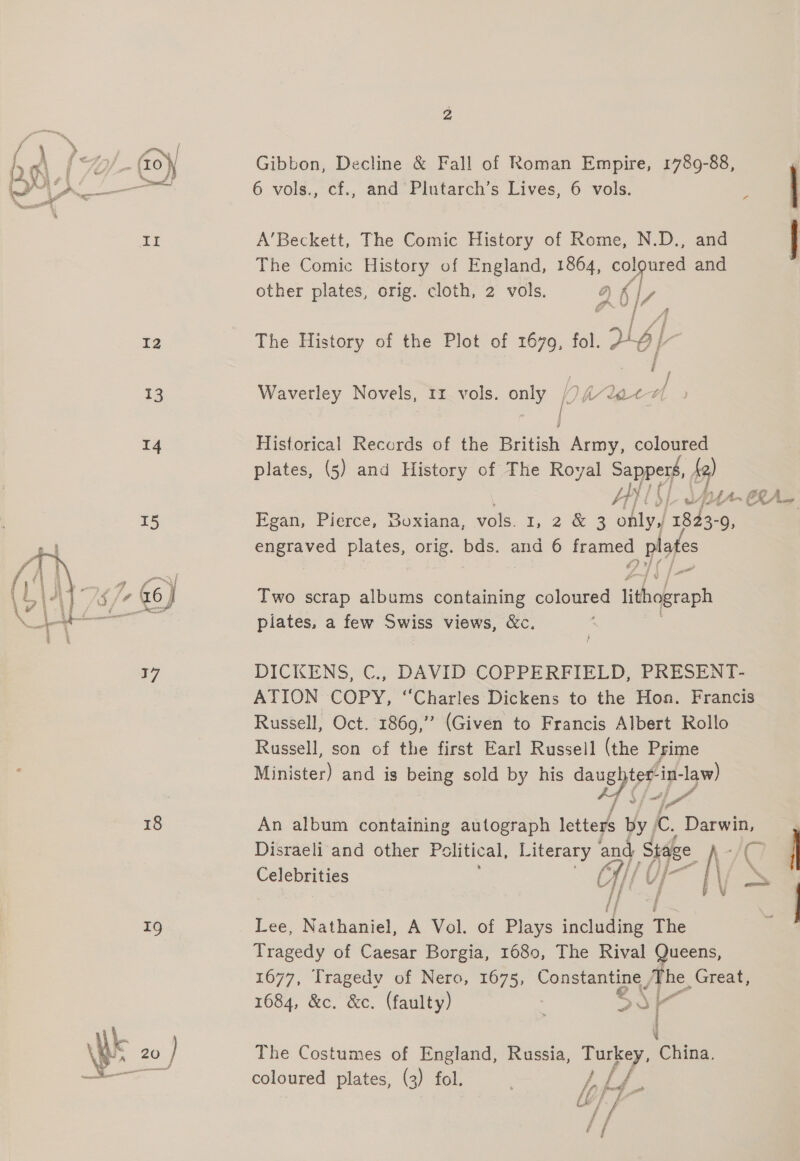  ae 18 19 2 6 vols., cf., and Plutarch’s Lives, 6 vols. A’Beckett, The Comic History of Rome, N.D., and The Comic History of England, 1864, colpored a other plates, orig. cloth, 2 vols. 4h vg i The History of the Plot of 1679, fol. 3h 6} Waverley Novels, 1r vols. only h hLatoH Historical Records of the British Army, coloured plates, (5) and History of The Royal Sapper, ‘2) LI UL f~ Fgan, Pierce, Boxiana, vols. 1, 2 &amp; 2 only,/ ey oe engraved plates, orig. oe and 6 framed pla es Sle | f ee Two scrap albums containing eon lithograph plates, a few Swiss views, &amp;c. DICKENS, C., DAVID COPPERFIELD, PRESENT- ATION COPY, “Charles Dickens to the Hon. Francis Russell, Oct. 1869,’’ (Given to Francis Albert Rollo Russell, son of the first Earl Russell (the Prime Minister) and is Pe sold by his wees) ing- -law) La An album containing autograph letters by, ke. ee Disraeli and other Po litical, Literary ‘and: Sipe Celebrities yey : NS &gt; f Lee, Nathaniel, A Vol. of Plays ‘iced ee The ; Tragedy of Caesar Borgia, 1680, The Rival Queens, 1677, Tragedy of Nero, 1675, pee The. Great, 1684, &amp;c. &amp;c. (faulty) i 4 The Costumes of England, Russia, Turkey, China. coloured plates, (3) fol. ee § |