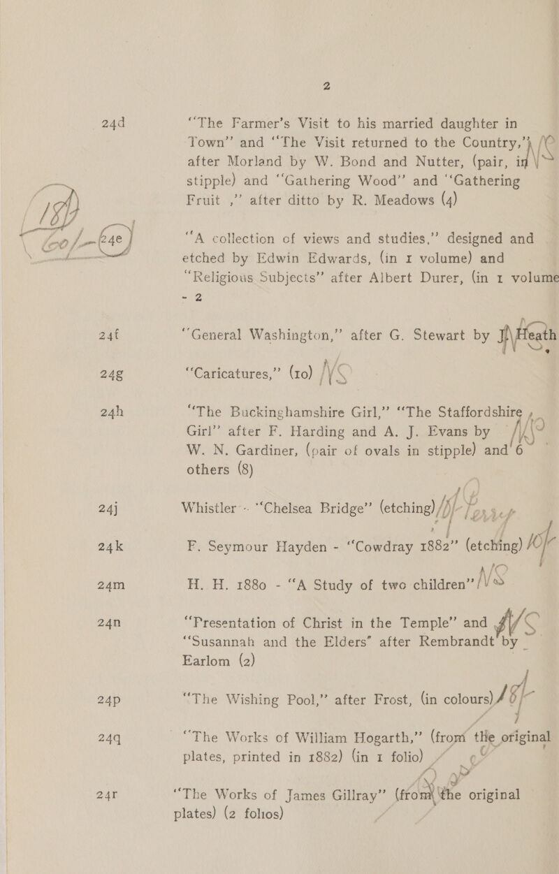 24d 24t 24§ “The Farmer’s Visit to his married daughter in Town” and “The Visit returned to the ee after Morland by W. Bond and Nutter, (pair, “\SN stipple) and ‘“‘Gathering Wood” and ‘‘Gathering Fruit ,”’ after ditto by R. Meadows (4) “A collection of views and studies,” designed and | etched by Edwin Edwards, (in 1 volume) and “Religious Subjects” after Albert Durer, (in 1 volume - 2 A “General Washington,” after G. Stewart by J eath h /- “Caricatures,” (zo) YS “The Buckinghamshire Girl,’ ‘‘The Staffordshire , Girl” after F. Harding and A. J. Evans by Ne Q W. N. Gardiner, (pair of ovals in stipple) and'6~ others (8) Whistler--. “Chelsea Bridge” etching) /j/ ‘2 iii | . i i aw F. Seymour Hayden - “‘Cowdray 1882” (etching) 1 . NS H. H. 1880 - “A Study of two children” /!® “Presentation of Christ in the Temple’ and LVS “Susannah and the Elders” after Rembrandt by — Earlom (2) “The Wishing Pool,” after Frost, (in colours) / Sf “The Works of William Hogarth,” (front tHe otiginal plates, printed in 1882) (in 1 folio) a4 /) y” ‘The Works of James aa ” (on th the original