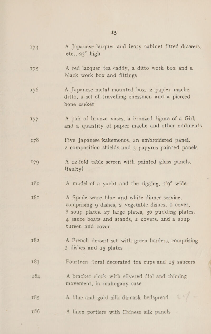 175 176 177 178 t79 180 18x 182 183 186 I5 étc,, 23°, high A red lacquer tea caddy, a ditto work box and a black work box and fittings A Japanese metal mounted box, 2 papier mache ditto, a set of travelling chessmen and a pierced bone casket A pair of bronze vases, a bronzed figure of a Girl, and a quantity of papier mache and other oddments Five Japanese -kakemonos, an embroidered panel, 2 composition shields and 3 papyrus painted panels A 12-fold table screen with painted glass panels, (faulty) A mode] of a yacht and the rigging, 3’9” wide A Spode ware blue and white dinner service, Comprising 9 dishes, 2 vegetable dishes, I cover, 8 soup plates, 27 large plates, 36 pudding plates, 4 sauce boats and stands, 2 covers, and a soup tureen and cover A French dessert set with green borders, comprising 3 dishes and 15 plates Fourteen floral decorated tea cups and 15 saucers f A bracket clock with silvered dial and chiming movement, in mahogany case A blue and gold silk damask bedspread A linen portiere with Chinese silk panels