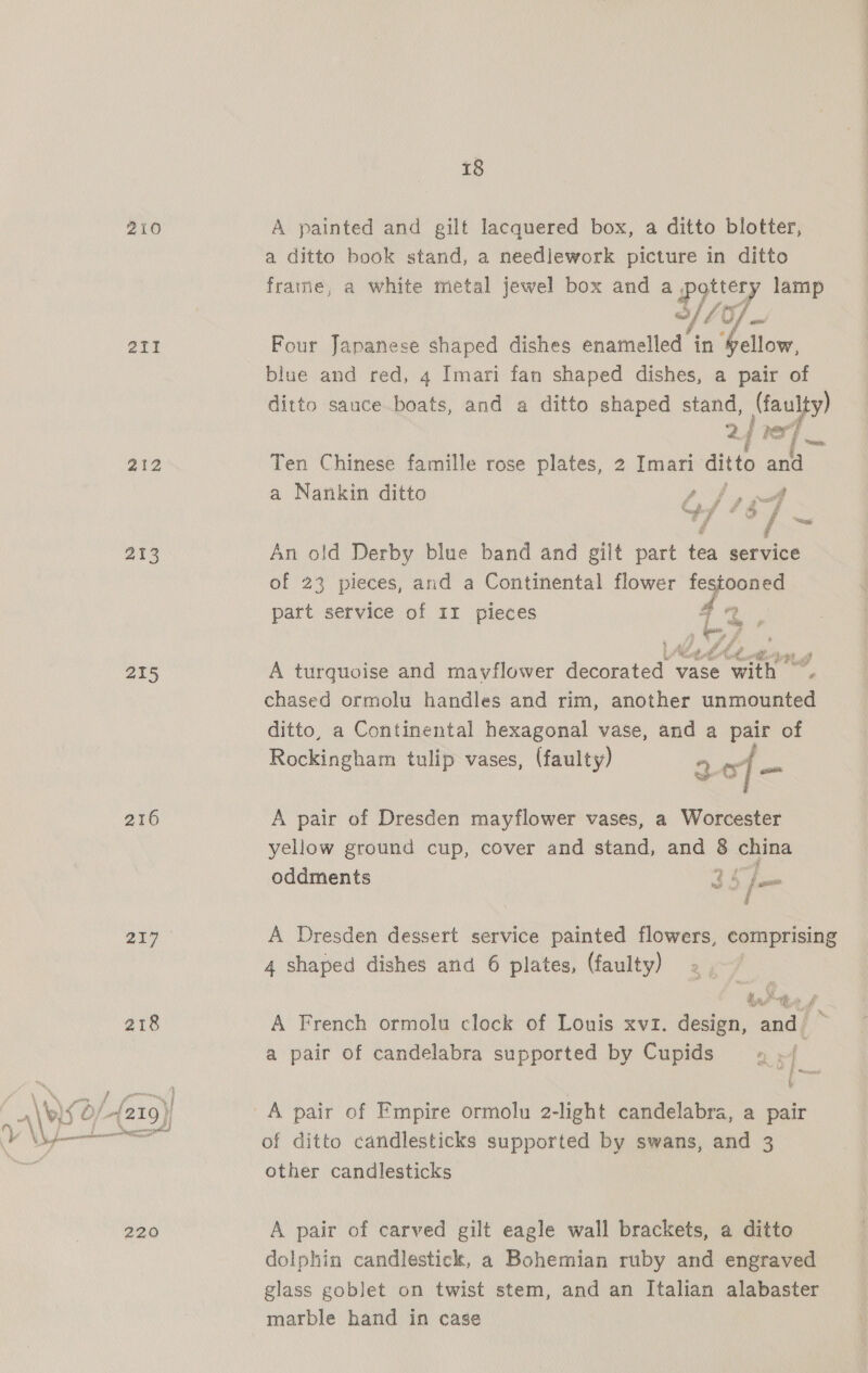 210 A painted and gilt lacquered box, a ditto blotter, a ditto book stand, a needlework picture in ditto frame, a white metal jewel box and a pottery lamp o//¢ 2i1 Four Japanese shaped dishes enamelled in bebe blue and red, 4 Imari fan shaped dishes, a pair of ditto sauce boats, and a ditto shaped stand, yi al 2 f iy fi 212 Ten Chinese famille rose plates, 2 Imari ditto and a Nankin ditto ae ee “47 ‘ s7 Paap 213 An old Derby blue band and gilt part tea service of 23 pieces, and a Continental flower festooned part service of II pieces 4 «ee Veititeas 215 A turquoise and mayflower decorated vase with By chased ormolu handles and rim, another unmounted ditto, a Continental hexagonal vase, and a pair of Rockingham tulip vases, (faulty) 3 of peo 216 A pair of Dresden mayflower vases, a Worcester yellow ground cup, cover and stand, and 8 china oddments 24 Fi 214 A Dresden dessert service painted flowers, comprising 4 shaped dishes and 6 plates, (faulty) | ia f 218 A French ormolu clock of Louis xvz. design, and : a pair of candelabra supported by Cupids =» . { . . ( A\ se L-{219}} A pair of Empire ormolu 2-light candelabra, a pair Aaa of ditto candlesticks supported by swans, and 3 / other candlesticks % 220 A pair of carved gilt eagle wall brackets, a ditto dolphin candlestick, a Bohemian ruby and engraved glass goblet on twist stem, and an Italian alabaster marble hand in case