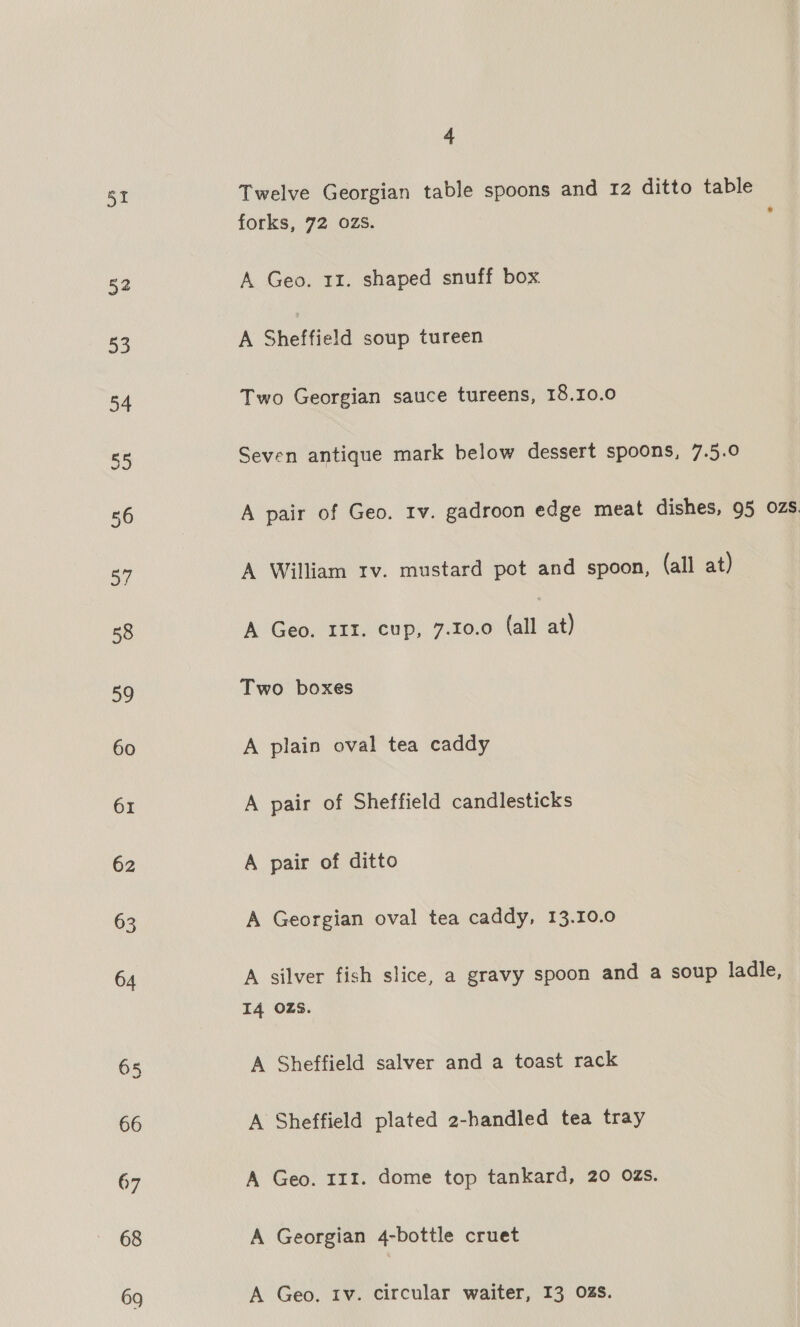 SI 52 53 54 eh, 56 Sy 58 59 60 61 62 63 64 65 66 67 68 69 4 Twelve Georgian table spoons and 12 ditto table forks, 72 ozs. A Geo. 11. shaped snuff box A Sheffield soup tureen Two Georgian sauce tureens, 18.10.0 Seven antique mark below dessert spoons, 7.5.0 A pair of Geo. rv. gadroon edge meat dishes, 95 02S. A William rv. mustard pot and spoon, (all at) A Geo. III. cup, 7.10.0 (all at) Two boxes A plain oval tea caddy A pair of Sheffield candlesticks A pair of ditto A Georgian oval tea caddy, 13.10.0 A silver fish slice, a gravy spoon and a soup ladle, 14 ozs. A Sheffield salver and a toast rack A Sheffield plated 2-handled tea tray A Geo. 111. dome top tankard, 20 ozs. A Georgian 4-bottle cruet