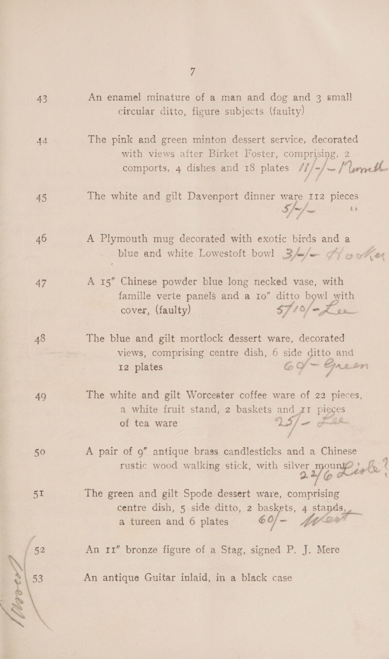 43 AA 45 46 47 48 BO ows 7 An enamel minature of a man and dog and 3 small circular ditto, figure subjects (faulty) The pink and green minton dessert service, decorated with views after Birket Foster, ee oe Z jae / comports, 4 dishes and 18 plates /t/ af / yet The white and gilt Davenport dinner rss II2 pieces S-/- be A Plymouth mug decorated with exotic birds and a blue and white Lowestoft bowl 3fm/e SY « oer A 15” Chinese powder blue long necked vase, with famille verte panels and a 10 ditto bow! with cover, (faulty) s7/ o/ OS gh The blue and gilt mortlock dessert ware, decorated views, comprising centre dish, 6 side ditto and 12 plates CY&gt; Gas Lr The white and gilt Worcester coffee ware of 22 pieces, a white fruit stand, 2 baskets and 21 pies of tea ware ) 5) J ig A pair of 9” antique brass candlesticks and a Chinese an ralki etic . a iene iy 2 4 rustic wood walking stick, with ag hee | The green and gilt Spode dessert ware, comprising centre dish, 5 side ditto, 2 baskets, 4 stands, a tureen and 6 plates. 6 0/ — Jw? hey” An 11” bronze figure of a Stag, signed P. J. Mere An antique Guitar inlaid, in a black case