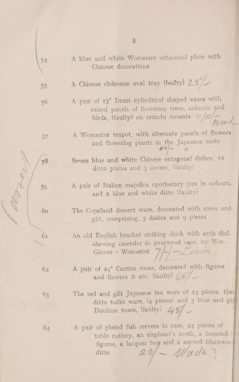 56 57 62 63 64 ey 8 A blue and white Worcester octagonal plate with Chinese decorations A Chinese cloisonne oval tray (faulty) 157 A pair of 13” Imari cylindrical shaped vases with raised panels of flowering trees, animals and birds, (faulty) on ormolu mounts &lt;/ //d/— / ! / Berk, A Worcestor teapot, with alternate panels of flowers and flowering plants in the Japanese taste o/- fe é Seven blue and white Chinese octagonal! dishes, 12 ditto plates and 3 covers, (faulty) A pair of Italian majolica opothecary jars in colours, and 2 blue and white ditto (faulty) The Copaland dessert ware, decorated with roses and gilt, comprising, 5 dishes and g plates An old English bracket striking clock with arch dial, shewing calender in pearwood case, by Wm. Glover - Worcester / /-/ —J | + A pair of 24” Canton vases, decorated with figures and flowers &amp; etc. (faulty) £4 /_  | { The red and gilt gia as tea ware of 19 pieces, thee ditto toilet ware, (4 pieces) and 3 blue and gi Doulton vases, (faulty’ 45] - A pair of plated fish servers in case, 24 pieces of table cutlery, an elephant’s tooth, 2 bronzed | figures, a ae, boy and a 5 abe is lack