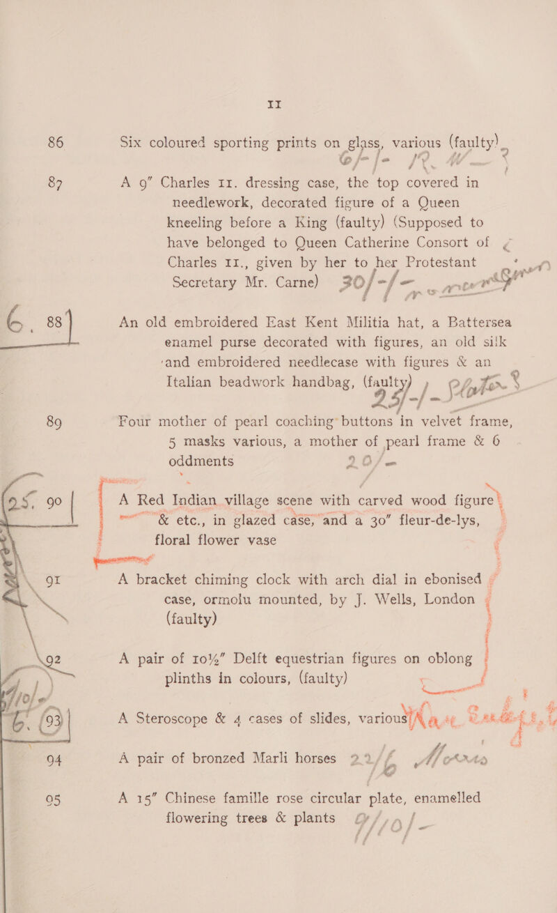 AW | &amp;6 Six coloured sporting prints on BPS various pyar of le /*. 4 87 A 9” Charles 11. dressing case, the on covered in needlework, decorated figure of a Queen kneeling before a King (faulty) (Supposed to have belonged to Queen Catherine Consort of ¢ Charles I1., given by her to ie Protestant et) Secretary Mr. Carne) 30/- oo hog a ee oe G _ 88 An old embroidered East Kent Militia hat, a Battersea enamel purse decorated with figures, an old silk ‘and embroidered needlecase with figures &amp; an Italian beadwork handbag, (fault alian beadwork handbag 3 5)-/ e (ples ey oe g AA] ~] 89 Four mother of pearl coaching’ buttons in velvet frame, 5 masks various, a mother a pearl frame &amp; 6 oddments 20/~= A Red indian village scene with carved wood figure! mw ete, inl glazed case; ‘and a 30” fleur-de- -lys, : floral flower vase ¢ A bracket chiming clock with arch dial in ebonised f case, ormolu mounted, by J. Wells, London ( (faulty) : A pair of 10%” Delft equestrian figures on oblong plinths in colours, (faulty) f | al - &amp; A Steroscope &amp; 4 cases of slides, various), 4 fy, EAE Ny  A pair of bronzed Marli horses 22/f W/o A 15” Chinese famille rose circular plate, enamelled flowering trees &amp; plants “/,, / wi : bs «t 
