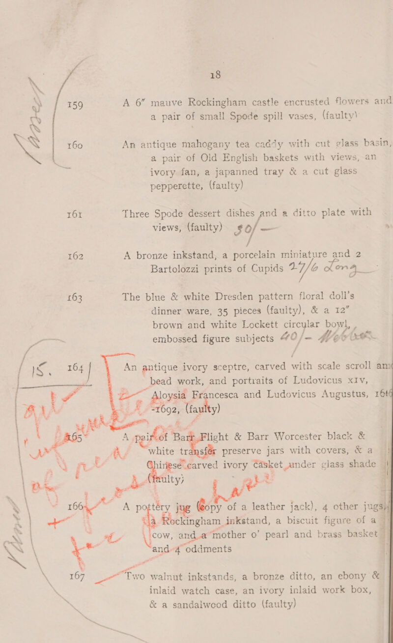   Ton 162 eee te Vib k ; Fe a | &amp;65~ + : é ‘a # t. Fi { : se | ‘3 i RA . 1663 + |    18 A 6” mauve Rockingham castle encrusted flowers and a pair of small Spode spill vases, (faulty) An antique mahogany tea caddy with cut ¢lass a pair of Old English baskets with views, ivory fan, a japanned tray &amp; a cut glass pepperette, (faulty) basin, an Three Spode dessert dishes and a ditto plate with views, (faulty) Sof — A bronze inkstand, a porcelain miniature and 2 Bartolozzi prints of Cupids 21/6 Le peel FAO The blue &amp; white Dresden pattern floral doll’s dinner ware, 35 pieces (faulty), &amp; a 12 brown and white Lockett circylar bowl, , fi aks LO / IEP : te embossed figure subjects @¢“/- Mi YO, / An antique ivory sceptre, carved with scale scroll am bead work, and portraits of Ludovicus xIv,    Francesca and Ludovicus Augustus, rt =1692, (faulty) e -Flight &amp; Barr Worcester black &amp; ‘white trans é preserve jars with covers, &amp; a . = . : , Aa ivory Casket under glass shade i} : | : gs “f f i e &amp; 3) «1a Rockingham inkstand, a biscuit figure of a q cow, and..a ‘mother o’ pearl and brass basket © and-4 oddments inlaid watch case, an ivory inlaid work box, &amp; a sandalwood ditto (faulty)