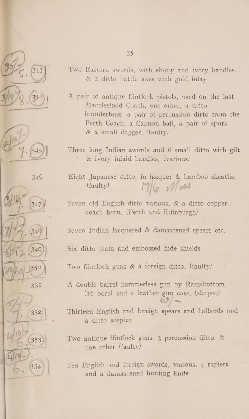  oD Two Eastern swords, with ebony and ivory handles, &amp; 2 ditto battle axes with gold inlay A pair of antique flintlock pistols, used on the last Macclesfield Coach, one other, a ditto blunderbuss, a pair of percussion ditto from the Perth Coach, a Cannon ball, a pair of spurs &amp; a smali dagger, ‘faulty) Three long Indian swords and 6 small ditto with gilt &amp; ivory inlaid handles, (various) Eight Japanese ditto, in lacquer &amp; bamboo sheaths, Seven old English ditto various, &amp; a ditto copper coach horn, (Perth and Edinburgh) Seven Indian lacquered &amp; damascened sneer etc. Six ditto plain and embossed hide shields Two flintlock guns &amp; a foreign ditto, (faulty) A double barrel hammerless gun by Ramsbottom, (16 bore) and a leather gun case, (shaped) ©3/ tte, Thirteen English and foreign spears and halberds and a ditto sceptre Two antique flintlock guns, 3 percussion ditto, &amp; one other (faulty) Ten English and foreign swords, various, 4 rapiers and a damascened hunting knife