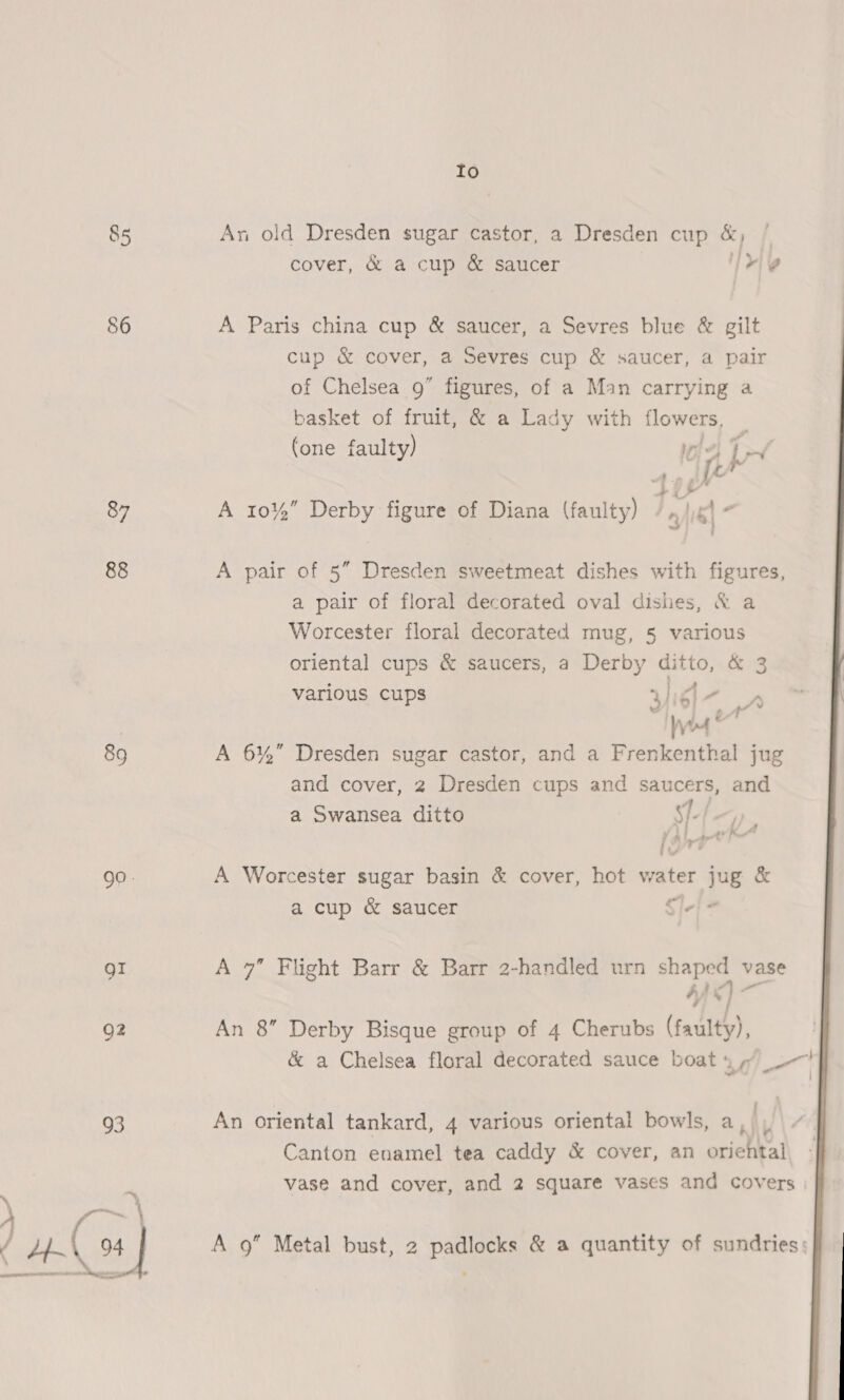 oa 85 86 87 88 89 EF QI Q2 93 To An old Dresden sugar castor, a Dresden cup oy cover, &amp; a cup &amp; saucer yl A Paris china cup &amp; saucer, a Sevres blue &amp; gilt cup &amp; cover, a Sevres cup &amp; saucer, a pair of Chelsea 9” figures, of a Man carrying a basket of fruit, &amp; a Lady with flowers, | (one faulty) 1 TA i? LL A 10% Derby figure of Diana (faulty) »h G1 - A pair of 5” Dresden sweetmeat dishes with figures, a pair of floral decorated oval dishes, &amp; a Worcester floral decorated mug, 5 various oriental cups &amp; saucers, a Derby ditto, &amp; 3 various cups sie) ae, Wwe A 6% Dresden sugar castor, and a Frenkenthal jug and cover, 2 Dresden cups and saucers, and a Swansea ditto 87. | ; ee | t&gt;* Woe ’ / A Worcester sugar basin &amp; cover, hot water jug &amp; a cup &amp; saucer Sie A 7” Flight Barr &amp; Barr 2-handled urn shaped vase / Ay) att An 8” Derby Bisque group of 4 Cherubs (Faulty), &amp; a Chelsea floral decorated sauce boat» --' An oriental tankard, 4 various oriental bowls, a, ) Canton enamel tea caddy &amp; cover, an oriental vase and cover, and 2 square vases and covers 