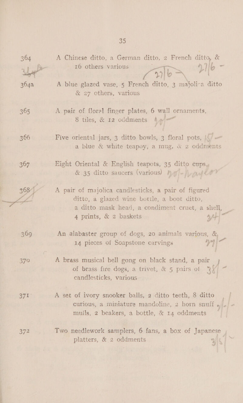b  370 372 30 16 others various ae Ti ey A blue glazed vase, 5 French ditto, 3 =a tholi a ditto &amp; 27 others, various A pair of floral finger plates, 6 wall ornaments, : 4 f } a 8 tiles, &amp; 12 oddments fyi Five oriental jars, 3 ditto bowls, 3 floral pots, |4/ a blue &amp; white teapoy, a mug, « 2 oddments Fight Oriental &amp; English teapots, 35 ditto SUpsy &amp; 35 ditto saucers (various) Ay enh be? A pair of majolica candlesticks, a pair of figured ditto, a glazed wine bottle, a boot ditto, a ditto mask head, a condiment cruet, a shell, Po 4 prints, &amp; 2 baskets by for ast An alabaster group of dogs, 20 animals various, &amp;, ot wt 5 A 14 pieces of Soapstone carvings ia A brass musical bell gong on black stand, a pair } of brass fire dogs, a trivet, &amp; 5 pairs of 3] candlesticks, various A set of ivory snooker balls, 2 ditto teeth, 8 ditto mulls, 2 beakers, a bottle, &amp; 14 oddments ae