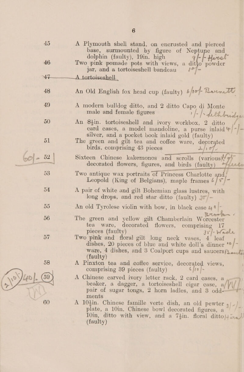 45 46 6 A Plymouth shell stand, on encrusted and pierced base, surmounted by figure of Neptune and_ dolphin (faulty), 19in. high 9 [- - Herol Two pink pomade pots with views, a ditto powder jar, and a tortoiseshell bandeau ied 48 49 50 So Ae a ed Te z cit 0s ’ Par a oe i ee as “] \ ‘ An Old English fox head cup (faulty) t /rof- Teste AG A modern bulldog ditto, and 2 ditto Capo di Monte male and female figures 0 4 J / adi fe Ahab, € An 8in. tortoiseshell and ivory workbox, 2 ditto rd card cases, a model mandoline, a purse inlaid | -/ - silver, and a pocket book inlaid gold (faulty) The green and gilt tea and coffee ware, decorated birds, comprising 43 pieces a. ‘7 Wee as —= Sixteen Chinese kakemonos and _ scrolls (various\¢4 decorated flowers, figures, and birds (faulty) °Fetede Two antique wax portraits ‘of Princess Charlotte and; Leopold (King of Belgians), maple frames ¢ -/ ss A pair of white and gilt Bohemian glass lustres, with long drops, and red star ditto (faulty) 2% - An old Tyrolese violin with bow, in black case &amp;*% - Reuse The green and yellow gilt Chamberlain Worcester tea ware, decorated flowers, comprising 17 pieces (faulty) gv} Weeks. Two pink and floral gilt long neck vases, 4 leaf ; dishes, 20 pieces of blue and white doll’s dinner ®/ &gt; ware, 4 dishes, and 3 Coalport cups and SAUCEISfS onc hy, (faulty) . A Pinxton tea and coffee service, decorated views, comprising 389 pieces (faulty) 6 j1e /- | A Chinese carved ivory letter rack, 2 card cases, a, beaker, a dagger, a tortoiseshell cigar case, a/ |) / pair of sugar tongs, 2 horn ladles, and 8 odd- ae ments A 104in. Chinese famille verte dish, an old pewter ,/_/ plate, a 10in. Chinese bow] decorated figures, a / ~ 10in, ditto with view, and a Thin. floral ditto}sin.) (faulty)