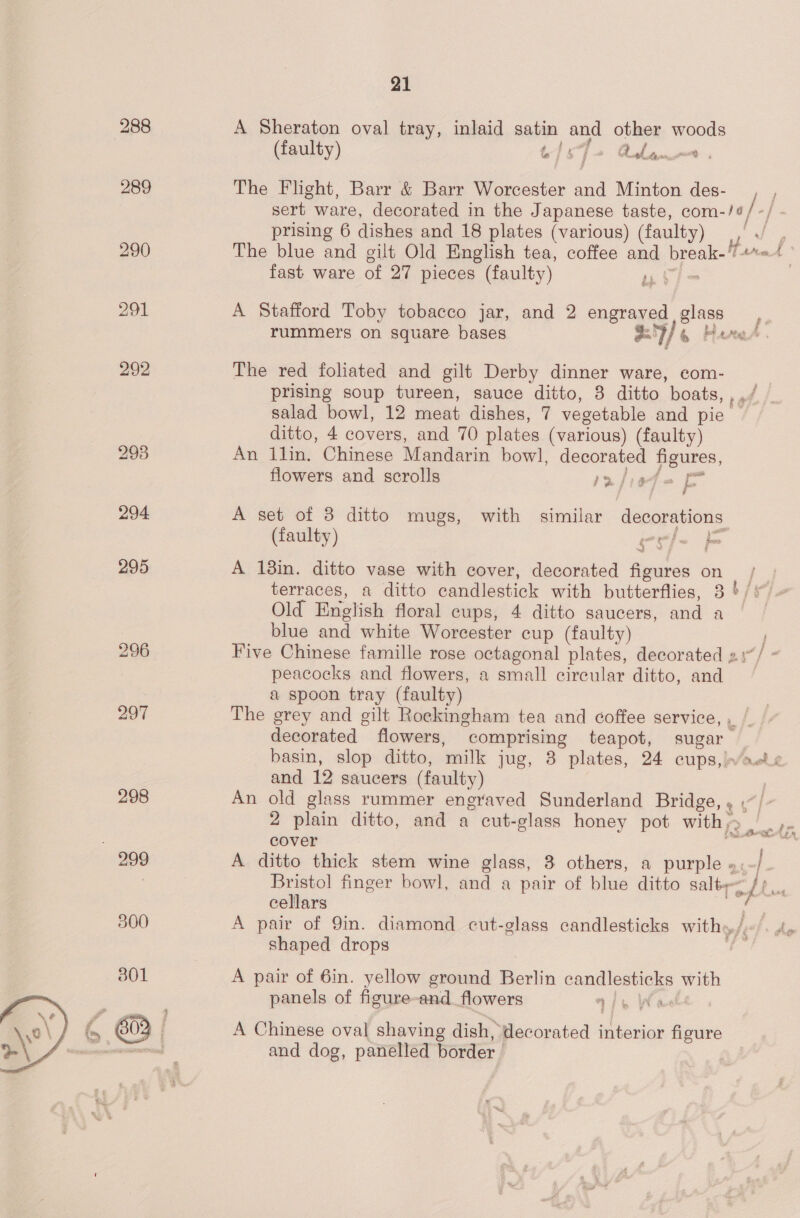  296 297  A Sheraton oval tray, inlaid satin and other woods The Flight, Barr &amp; Barr Worcester and Minton des- A Stafford Toby tobacco jar, and 2 engraved glass bi rummers on square bases ET/ 6 Hare j The red foliated and gilt Derby dinner ware, com- prising soup tureen, sauce ditto, 3 ditto boats, , »/ salad bowl, 12 meat dishes, 7 vegetable and pie ditto, 4 covers, and 70 plates (various) (faulty) An llin. Chinese Mandarin bow], decorated figures, flowers and scrolls Ja frade A set of 8 ditto mugs, with similar decorations terraces, a ditto candlestick with butterflies, 3 '/: Old Enelish floral cups, 4 ditto saucers, and a blue and white Worcester cup (faulty) Five Chinese famille rose octagonal plates, decorated » peacocks and flowers, a small circular ditto, and a spoon tray (faulty) The grey and gilt Rockingham tea and ¢offee service, decorated flowers, comprising teapot, sugar basin, slop ditto, ‘milk jug, 3 plates, 24 cups, packs and 12 saucers (faulty) An old glass rummer engraved Sunderland Bridge, , .~/ 2 plain ditto, and a cut-glass honey pot with» , cover A ditto thick stem wine glass, 3 others, a purple » Bristol finger bowl, and a pair of blue ditto sal tr Hi cellars A pair of 9in. diamond cut-glass candlesticks with», ye shaped drops A pair of 6in. yellow ground Berlin candlesticks with panels of figure oad flowers Vib Wa A Chinese oval shaving dish, decorated interior figure and dog, panelled border.