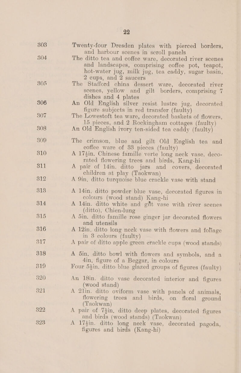 803 304 22 Twenty-four Dresden plates with pierced borders, and harbour scenes in scroll panels The ditto tea and coffee ware, decorated river scenes and landscapes, comprising coffee pot, teapot, hot-water jug, milk jug, tea caddy, sugar basin, 2 cups, and 2 saucers The Stafford china dessert ware, decorated river scenes, yellow and gilt borders, comprising 7 dishes and 4 plates An Old English silver resist lustre jug, decorated figure subjects in red transfer (faulty) The Lowestoft tea ware, decorated baskets of flowers, 15 pieces, and 2 Rockingham cottages (faulty) An Old English ivory ten-sided tea caddy (faulty) The crimson, blue and gilt Old English tea and coffee ware of 33 pieces (faulty) A 174in. Chinese famille verte long neck vase, deco- rated flowering trees and birds, Kang-hi A pair of 14in. ditto jars and covers, decorated children at play (Taokwan) A 9in, ditto turquoise blue crackle vase with stand A 14in. ditto powder blue vase, decorated figures in colours (wood stand) Kang-hi A 14in. ditto white and gilt vase with river scenes (ditto), Chien-lung A din. ditto famille rose ginger jar decorated flowers and utensils A 12in. ditto long neck vase with flowers and foliage in 8 colours (faulty) | A pair of ditto apple green crackle cups (wood stands) A din. ditto bowl with flowers and symbols, and a 4in, figure of a Beggar, in colours Four 53in. ditto blue glazed groups of figures (faulty) An 18in. ditto vase decorated interior and figures (wood stand) A 2lin. ditto oviform vase with panels of animals, flowering trees and birds, on floral ground (Taokwan) A pair of 7}in, ditto deep plates, decorated figures and birds (wood stands) (Taokwan) A 1%4in. ditto long neck vase, decorated pagoda, figures and birds (Kang-hi)