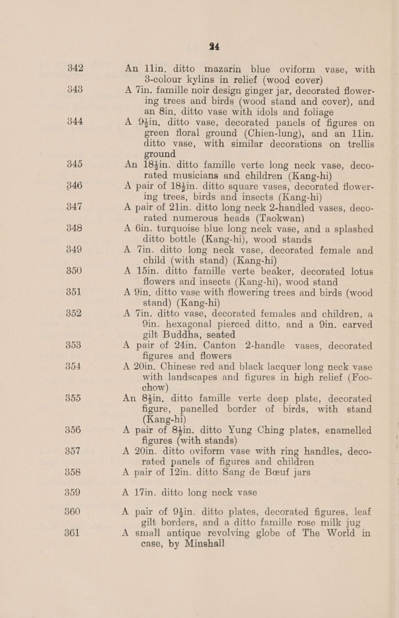 a4 An ilin, ditto mazarin blue oviform vase, with 3-colour kylins in relief (wood cover) A Tin. famille noir design ginger jar, decorated flower- ing trees and birds (wood stand and cover), and an 8in, ditto vase with idols and foliage A 9$in, ditto vase, decorated panels of figures on green floral ground (Chien-lung), and an Ilin. ditto vase, with similar decorations on trellis ground An 184in. ditto famille verte long neck vase, deco- rated musicians and children (Kang-hi) A pair of 18}in. ditto square vases, decorated flower- ing trees, birds and insects (Kang-hi) A pair of 2lin. ditto long neck 2-handled vases, deco- rated numerous heads (Taokwan) A 6in. turquoise blue long neck vase, and a splashed ditto bottle (Kang-hi), wood stands A ‘Vin. ditto long neck vase, decorated female and child (with stand) (Kang-hi) : A 1din. ditto famille verte beaker, decorated lotus flowers and insects (Kang-hi), wood stand A 9in, ditto vase with flowering trees and birds (wood stand) (Kang-hi) A in. ditto vase, decorated females and children, a 9in. hexagonal pierced ditto, and a Qin. carved gilt Buddha, seated A pair of 24in. Canton 2-handle vases, decorated figures and flowers A 20in. Chinese red and black lacquer long neck vase with landscapes and figures in high relief (Foo- chow) An 8tin, ditto famille verte deep plate, decorated figure, panelled border of birds, with stand (Kang-hi) A pair of 84in. ditto Yung Ching plates, enamelled figures (with stands) A 20in. ditto oviform vase with ring handles, deco- rated panels of figures and children A pair of 12in. ditto Sang de Beuf jars A 17in. ditto long neck vase A pair of 94in. ditto plates, decorated figures, leaf gilt borders, and a ditto famille rose milk jug A small antique revolving globe of The World in case, by Minshall