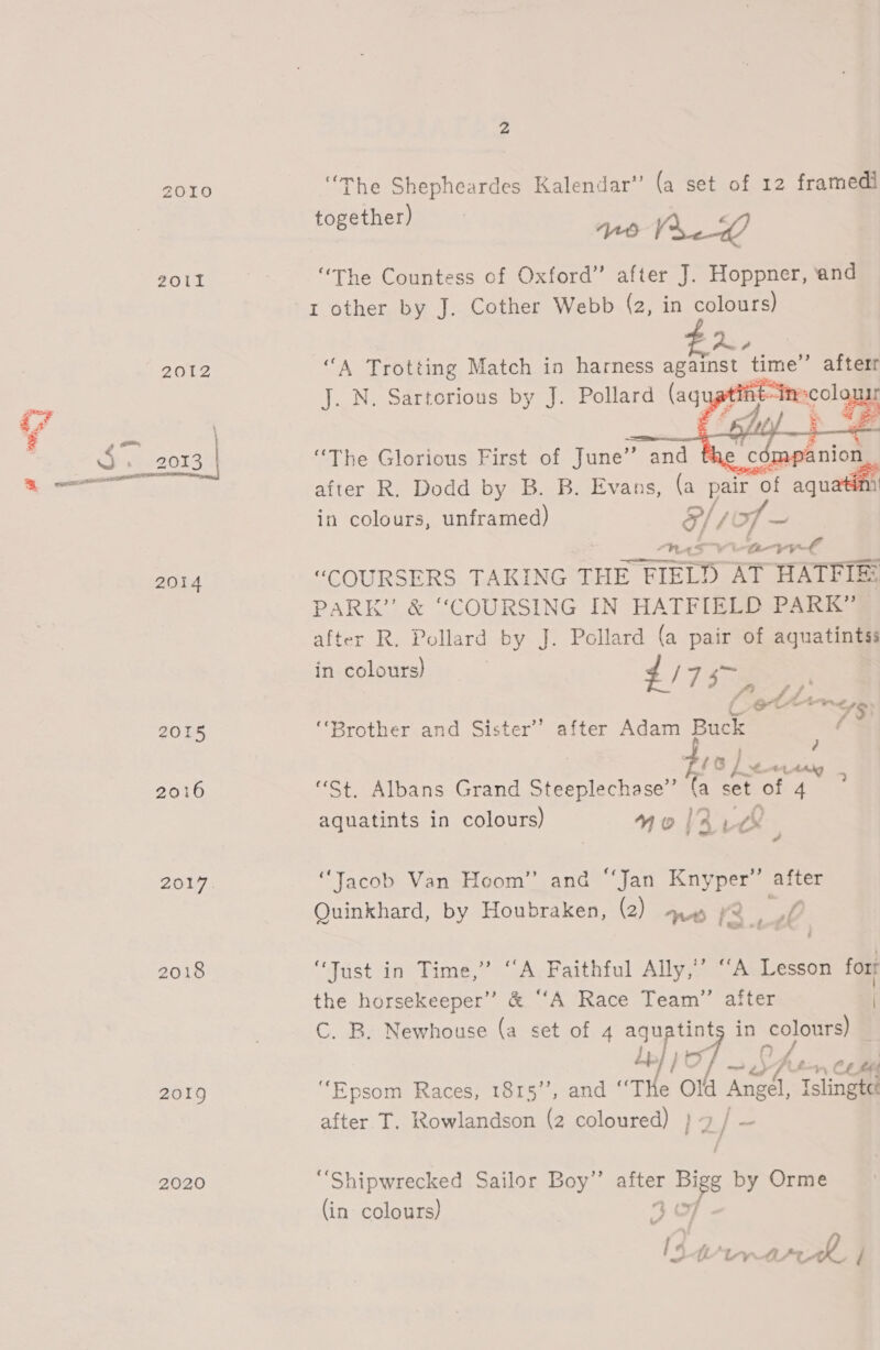 ZOIO 2012 2002 2014 2015 2016 2017. 2018 2019 2020 “The Shepheardes Kalendar”’ (a set of 12 framedi together) AA yo é Uy “The Countess of Oxford” after J. Hoppner, and 1 other by J. Cother Webb (2, in colours) “A Trotting Match in harness against “time” afterr  “The Glorious First of June”’ he compa after R. Dodd by B. B. Evans, (a pair of aquatian in colours, unframed) g/ Wie, 7 few nas via “COURSERS TAKING THE HELD AT HATFIE: PARK” &amp; “COURSING IN HATFIELD PARK”. after R. Pollard by J. Pollard (a pair of aquatintss in colours) d/ Fite an oS Cot “5 “Brother and Sister’ after Adam Buck 2 . Cle tLtAlg 4 “St. Albans Grand Sideieciaee a Ly cet of 4 aquatints in colours) mol? wt 39 “Jacob Van Hoom” and “Jan Knyper” after Quinkhard, by Houbraken, (2) ne Ke a t ee ef of A “Just in Time,” “A Faithful Ally,’ “A Lesson for! the horsekeeper” &amp; “‘A Race Team” after 3 C. B. Newhouse (a set of 4 Bie) in oie a prt ay Ce Hts “Epsom Races, 1815’’, and ‘‘The Old Aisoet: Islingte after T. Rowlandson (2 coloured) } 7 / S “Shipwrecked Sailor Boy” Bie Big by Orme (in colours) S-ttr arch. é