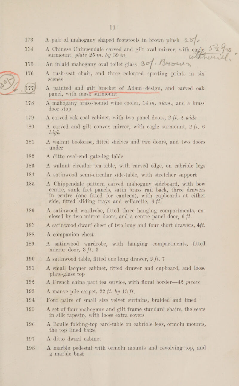 198 Ti! f A pair of mahogany shaped footstools in brown plush 2 Dy] “ eae a An inlaid mahogany oval toilet glass 30f: / $47 et thy, A rush-seat chair, and three coloured sporting prints in six scenes A painted and gilt bracket of Adam design, ride cared. Gal panel, with mask” surmount oe i mahogany ‘prass-bound wine cooler , 14%, diam., and a brass door stop A carved oak coal cabinet, with two panel doors, 2 ft. 2 wide A carved and gilt convex mirror, with eagle surmount, 2 ft. 6 high A walnut bookease, fitted shelves and two doors, and two doors under A ditto oval-end gate-leg table A satinwood semi-circular side-table, with stretcher support A Chippendale pattern carved mahogany sideboard, with bow centre, sunk fret panels, satin brass rail back, three drawers in centre (one fitted for canteen), with cupboards at either side, fitted sliding trays and cellarette, 6 ft. A satinwood wardrobe, fitted three hanging compartments, en- closed by two mirror doors, and a centre panel door, 6 ft. A satinwood dwarf chest of two long and four short drawers, 4/1. A companion chest A satinwood wardrobe, with hanging compartments, fitted mim door, 3 ft./3 A satinwood table, fitted one long drawer, 2 ft. 7 A small lacquer cabinet, fitted drawer and cupboard, and loose plate-glass top A French china part tea service, with floral border—42 pieces A mauve pile carpet, 22 ft. by 18 ft. Four pairs of small size velvet curtains, braided and lined A set of four mahogany and gilt frame standard chairs, the seats in silk tapestry with loose extra covers A Boulle folding-top card-table on cabriole legs, ormolu mounts, the top lined baize A ditto dwarf cabinet A marble pedestal with ormolu mounts and revolving top, and a marble bust