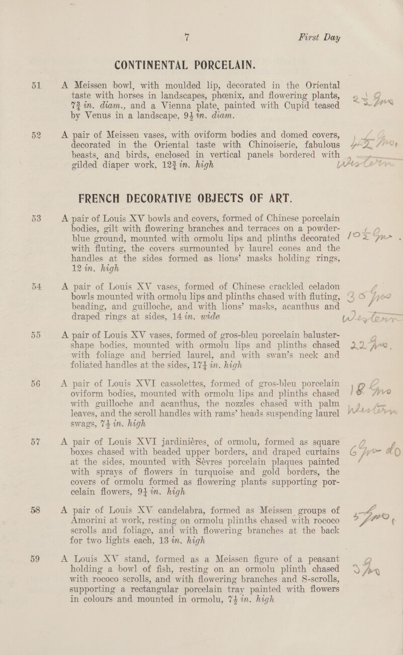52 Or (5%) 54. 5d 56 57 oS 59 7 First Day CONTINENTAL PORCELAIN. A Meissen bowl, with moulded lip, decorated in the Oriental taste with horses in landscapes, phoenix, and flowering plants, 77m, diam., and a Vienna plate, painted with Cupid teased by Venus in a landscape, 94m. diam. A pair of Meissen vases, with oviform bodies and domed covers, decorated in the Oriental taste with Chinoiserie, fabulous beasts, and birds, enclosed in vertical panels bordered with FRENCH DECORATIVE OBJECTS OF ART. A pair of Louis XV bowls and covers, formed of Chinese porcelain bodies, gilt with flowering branches and terraces on a powder- blue ground, mounted with ormolu lips and plinths decorated with fluting, the covers surmounted by laurel cones and the handles at the sides formed as lions’ masks holding rings, 12 in. high A pair of Louis XV vases, formed of Chinese crackled celadon bowls mounted with ormolu lips and plinths chased with fluting, beading, and guilloche, and with lions’ masks, acanthus and draped rings at sides, 147. wide A pair of Louis XV vases, formed of gros-bleu porcelain baluster- shape bodies, mounted with ormolu lips and plinths chased with foliage and berried laurel, and with swan’s neck and foliated handles at the sides, 174 in. high A pair of Louis XVI cassolettes, formed of gros-bleu porcelain oviform bodies, mounted with ormolu lips and plinths chased with guilloche and acanthus, the nozzles chased with palm leaves, and the scroll handles with rams’ heads suspending laurel swags, 7d in. high A pair of Louis XVI jardiniéres, of ormolu, formed as square boxes chased with beaded upper borders, and draped curtains at the sides, mounted with Sevres porcelain plaques painted _ with sprays of flowers in turquoise and gold borders, the covers of ormolu formed as flowering plants supporting por- celain flowers, 94%. high A pair of Louis XV candelabra, formed as Meissen groups of Amorini at work, resting on ormolu plinths chased with rococo scrolls and foliage, and with flowering branches at the back for two lights each, 13 m. high A Louis XV stand, formed as a Meissen figure of a peasant holding a bowl of fish, resting on an ormolu plinth chased with rococo scrolls, and with flowering branches and S-scrolls, supporting a rectangular porcelain tray painted with flowers in colours and mounted in ormolu, 74 in. high ; a \ ff) ©) am , ae ia + By Ve 1927 Fr FQ ‘Ss Ce tj rw D sig ry 7 smc eenaenenatusee (Ay Cy Ley oY o 4 ie Bs les fe .
