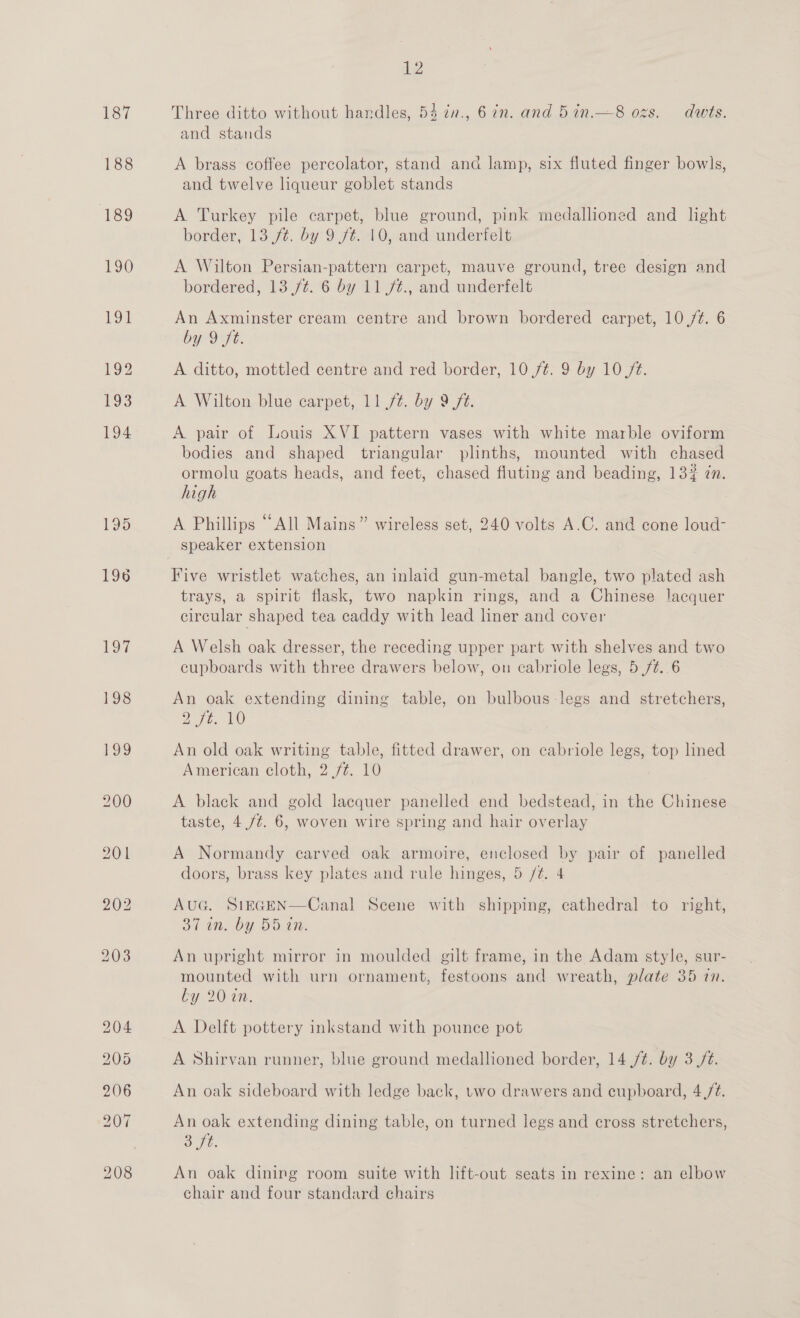 187 188 189 190 197 198 12 Three ditto without handles, 54 in., 6in. and 5in.—8 ozs. dwts. and stands A brass coffee percolator, stand and lamp, six fluted finger bowls, and twelve liqueur goblet stands A Turkey pile carpet, blue ground, pink medallioned and light border, 13 ft. by 9 ft. 10, and underfelt A Wilton Persian-pattern carpet, mauve ground, tree design and bordered, 13 ,/¢. 6 by 11./¢., and underfelt An Axminster cream centre and brown bordered carpet, 10./¢. 6 by 9 ft. A ditto, mottled centre and red border, 10 ./¢. 9 by 10 /é. A Wilton-blue carpet, 11 /¢. by 9 ft. A pair of Louis XVI pattern vases with white marble oviform bodies and shaped triangular plinths, mounted with chased ormolu goats heads, and feet, chased fluting and beading, 13% in. high A Phillips “All Mains” wireless set, 240 volts A.C. and cone loud- speaker extension Five wristlet watches, an inlaid gun-metal bangle, two plated ash trays, a spirit flask, two napkin rings, and a Chinese lacquer circular shaped tea caddy with lead liner and cover A Welsh oak dresser, the receding upper part with shelves and two cupboards with three drawers below, on cabriole legs, 5 /t..6 An oak extending dining table, on bulbous-legs and stretchers, 2 ft. 10 An old oak writing table, fitted drawer, on cabriole legs, top lined American cloth, 2 ./é. 10 A black and gold lacquer panelled end bedstead, in the Chinese taste, 4./¢. 6, woven wire spring and hair overlay A Normandy carved oak armoire, enclosed by pair of panelled doors, brass key plates and rule hinges, 5 /t. 4 AUG. S1iEGEN 37 in. by Boon. Canal Scene with shipping, cathedral to right,  An upright mirror in moulded gilt frame, in the Adam style, sur- mounted with urn ornament, festoons and wreath, plate 35 tn. by 20 in. A Delft pottery inkstand with pounce pot A Shirvan runner, blue ground medallioned border, 14 /¢. by 3 /¢. An oak sideboard with ledge back, two drawers and cupboard, 4,/¢. An oak extending dining table, on turned legs and cross stretchers, OT. An oak dining room suite with lift-out seats in rexine: an elbow chair and four standard chairs