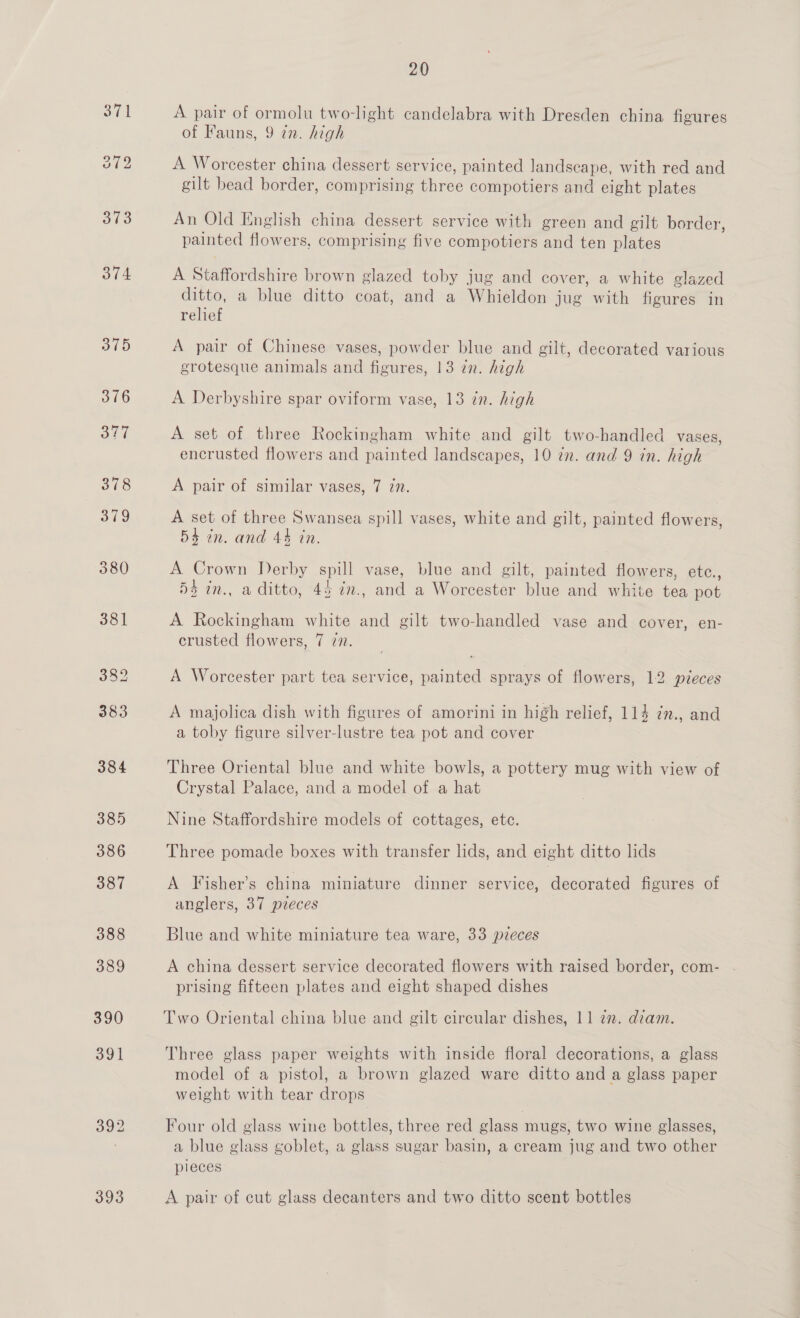 374 375 393 20 A pair of ormolu two-light candelabra with Dresden china figures of Fauns, 9 in. high ix Worcester china dessert service, painted landscape, with red and gilt bead border, comprising three compotiers and eight plates An Old English china dessert service with green and gilt border, painted flowers, comprising five compotiers and ten plates A Staffordshire brown glazed toby jug and cover, a white glazed ditto, a blue ditto coat, and a Whieldon jug with figures in relief A pair of Chinese vases, powder blue and gilt, decorated various grotesque animals and figures, 13 in. high A Derbyshire spar oviform vase, 13 in. high A set of three Rockingham white and gilt two-handled vases, encrusted flowers and painted landscapes, 10 zn. and 9 in. high A pair of similar vases, 7 in. A set of three Swansea spill vases, white and gilt, painted flowers, 54 in. and 44 tn. A Crown Derby spill vase, blue and gilt, painted flowers, ete., 54 in., a ditto, 44 in., and a Worcester blue and white tea pot A Rockingham white and gilt two-handled vase and cover, en- crusted flowers, 7 7. A Worcester part tea service, painted sprays of flowers, 12 pieces A majolica dish with figures of amorini in high relief, 114 zn., and a toby figure silver-lustre tea pot and cover Three Oriental blue and white bowls, a pottery mug with view of Crystal Palace, and a model of a hat Nine Staffordshire models of cottages, etc. Three pomade boxes with transfer lids, and eight ditto lids A Fisher’s china miniature dinner service, decorated figures of anglers, 37 preces Blue and white miniature tea ware, 33 pzeces A china dessert service decorated flowers with raised border, com- prising fifteen plates and eight shaped dishes Two Oriental china blue and gilt circular dishes, 11 7. diam. Three glass paper weights with inside floral decorations, a glass model of a pistol, a brown glazed ware ditto and a glass paper weight with tear drops Four old glass wine bottles, three red glass mugs, two wine glasses, a blue glass goblet, a glass sugar basin, a cream jug and two other pieces . A pair of cut glass decanters and two ditto scent bottles