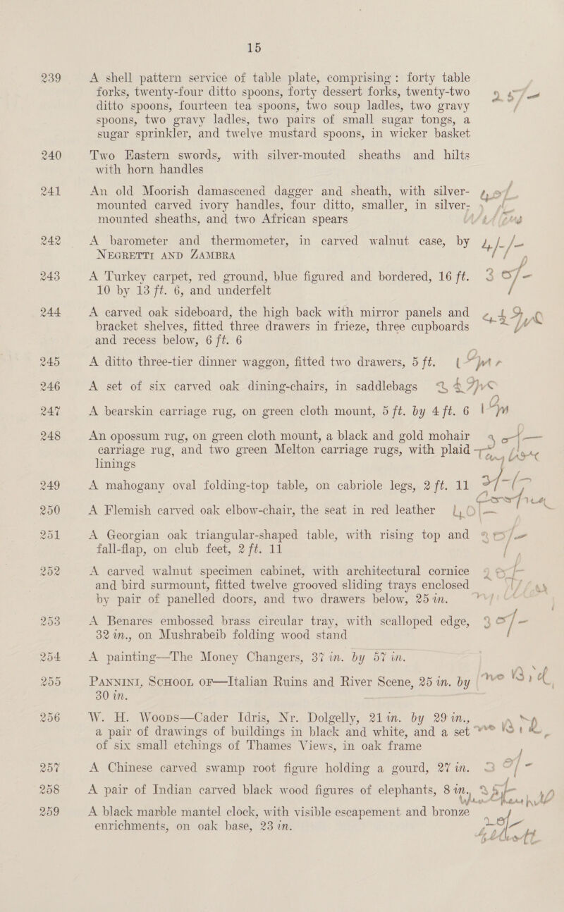 240 A shell pattern service of table plate, comprising: forty table forks, twenty-four ditto spoons, forty dessert forks, twenty-two 9 y?_w ditto spoons, fourteen tea spoons, two soup ladles, two gravy “f spoons, two gravy ladles, two pairs of small sugar tongs, a sugar sprinkler, and twelve mustard spoons, in wicker basket Two Hastern swords, with silver-mouted sheaths and _ hilts with horn handles An old Moorish damascened dagger and sheath, with silver- mounted carved ivory handles, four ditto, smaller, in silver; mounted sheaths, and two African spears AS 4A tH A barometer and thermometer, in carved walnut case, by d, /- roe NEGRETTI AND ZAMBRA A Turkey carpet, red ground, blue figured and bordered, 16 ft. 2 S/-= 10 by 13 ft. 6, and underfelt / A carved oak sideboard, the high back with mirror panels and , 43,0 Ww bracket shelves, fitted three drawers in frieze, three cupboards Y’” and recess below, 6 ft. 6 A ditto three-tier dinner waggon, fitted two drawers, 5ft. (“pte A set of six carved oak dining-chairs, in saddlebags <&amp; A Is 2 A bearskin carriage rug, on green cloth mount, 5 ft. by 4ft. 6 |“ An opossum rug, on green cloth mount, a black and gold mohair 5 a ; ‘ carriage rug, and two green Melton carriage rugs, with plaid Ten Lio linings oe A mahogany oval folding-top table, on cabriole legs, 2 ft. 11 3f- - ; Lox nal fa A Flemish carved oak elbow-chair, the seat in red leather () of Ped bs A Georgian oak triangular-shaped table, with rising top and ® ws /.- fall-flap, on club feet, 2 jt. 11 / A earved walnut specimen cabinet, with architectural cornice 49 @y, and bird surmount, fitted twelve grooved sliding trays enclosed =|“ ay by pair of panelled doors, and two drawers below, 25 w. ryt U4 es A Benares embossed brass circular tray, with scalloped edge, 2 +s - 32 m., on Mushrabeib folding wood stand A painting—The Money Changers, 37 in. by 57 in. , V “of . ° . ° € m» YF fa PANNINI, ScHoon OF—Italian Ruins and River Scene, 25 in. by 31 | 30 in. ) W. H. Woops—Cader Idris, Nr. Dolgelly, 211. by 29 1in., = “ a pair of drawings of buildings in black and white, and a set VY WSK of six small etchings of Thames Views, in oak frame J A Chinese carved swamp root figure holding a gourd, 27in. QO “/ ~ f A pair of Indian carved black wood figures of elephants, 8 in. o, ay fs » 42 haces Putter fr 1 he A black marble mantel clock, with visible escapement and bronze Dashes enrichments, on oak base, 23 in. Pager cas H bop £ ae | pee TU