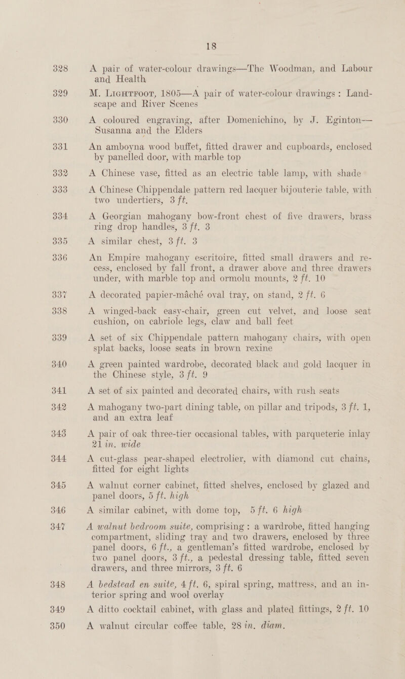 328 329 346 347 348 J49 350 18 A pair of water-colour drawings—The Woodman, and Labour and Health M. Ligutrroot, 1805—A pair of water-colour drawings : Land- scape and River Scenes A coloured engraving, after Domenichino, by J. Eginton— Susanna and the Elders An amboyna wood buffet, fitted drawer and cupboards, enclosed by panelled door, with marble top A Chinese vase, fitted as an electric table lamp, with shade A Chinese Chippendale pattern red lacquer bijouterie table, with two undertiers, 3 ft. A Georgian mahogany bow-front chest of five drawers, brass ring drop handles, 3 ft. 3 A similar chest, 3 ft. 3 An Empire mahogany escritoire, fitted small drawers and re- cess, enclosed by fall front, a drawer above and three drawers under, with marble top and ormolu mounts, 2 f¢. 10 A decorated papier-maché oval tray, on stand, 2 ft. 6 A winged-back easy-chair, green cut velvet, and loose seat cushion, on cabriole legs, claw and ball feet : A set of six Chippendale pattern mahogany chairs, with open splat backs, loose seats in brown rexine A green painted wardrobe, decorated black and gold lacquer in the Chinese style, 3 ft. 9 | A set of six painted and decorated chairs, with rush seats A mahogany two-part dining table, on pillar and tripods, 3 ft. 1, and an extra leaf | A pair of oak three-tier occasional tables, with parqueterie inlay 21in. wide A cut-glass pear-shaped electrolier, with diamond cut chains, fitted for eight hghts A walnut corner cabinet, fitted shelves, enclosed by glazed and panel doors, 5 ft. high A similar cabinet, with dome top, 5 ft. 6 high A walnut bedroom suite, comprising : a wardrobe, fitted hanging compartment, sliding tray and two drawers, enclosed by three panel doors, 6 ft., a gentleman’s fitted wardrobe, enclosed by two panel doors, 3 ft., a pedestal dressing table, fitted seven drawers, and three mirrors, 3 ft. 6 A bedstead en suite, 4 ft. 6, spiral spring, a: and an in- terior spring and wool overlay A ditto cocktail cabinet, with glass and plated fittings, 2 . 10 A walnut circular coffee table, 28 in. diam.