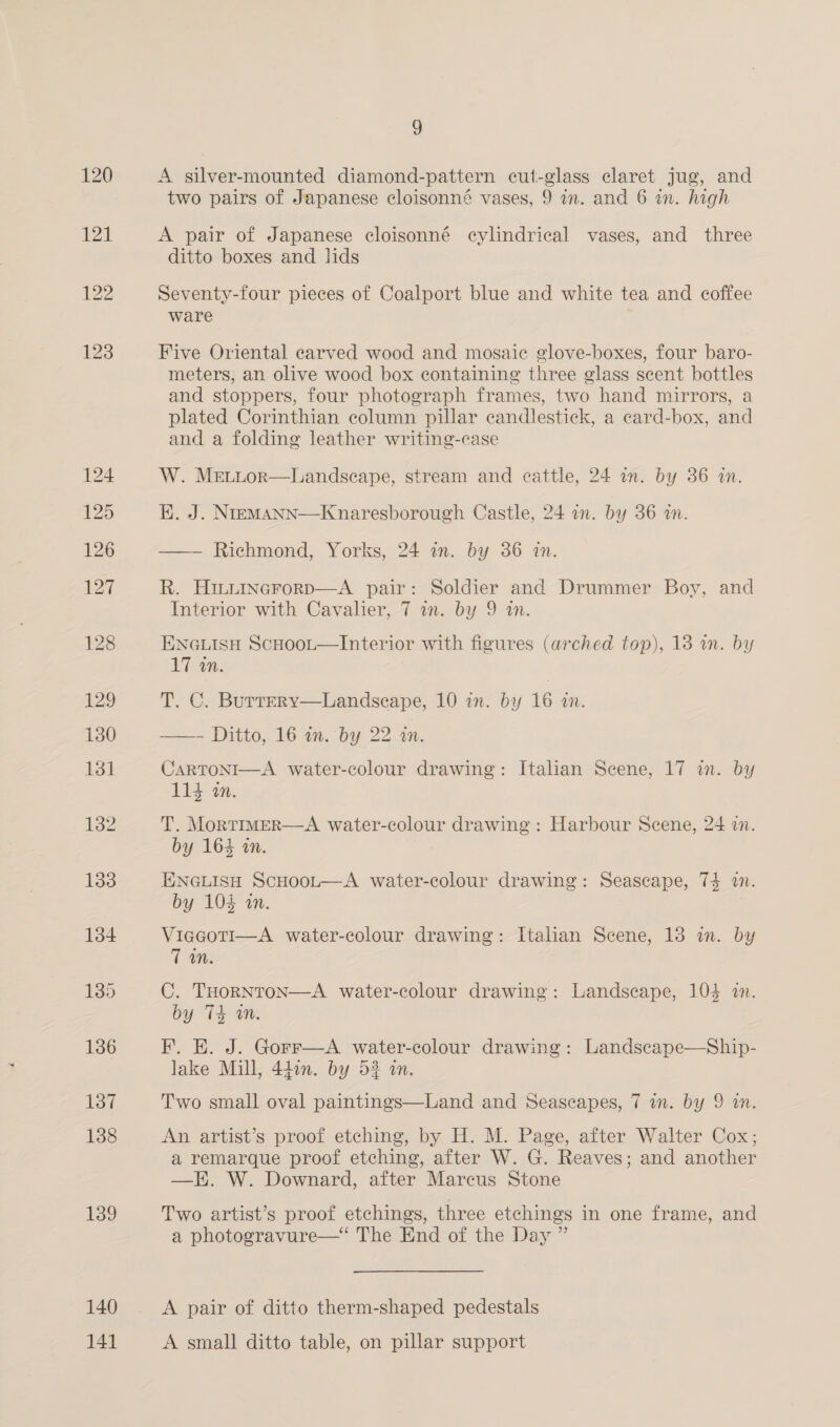 139 140 141 9 A silver-mounted diamond-pattern cut-glass claret jug, and two pairs of Japanese cloisonné vases, 9 in. and 6 an. high A pair of Japanese cloisonné cylindrical vases, and three ditto boxes and lids Seventy-four pieces of Coalport blue and white tea and coffee ware Five Oriental carved wood and mosaic glove-boxes, four baro- meters, an olive wood box containing three glass scent bottles and stoppers, four photograph frames, two hand mirrors, a plated Corinthian column pillar candlestick, a card-box, and and a folding leather writing-case W. MeELLor—Landscape, stream and cattle, 24 in. by 36 an. EK. J. Nremann—Knaresborough Castle, 24 in. by 36 an. —— Richmond, Yorks, 24 in. by 386 in. R. Hiiincrorp—A pair: Soldier and Drummer Boy, and Interior with Cavalier, 7 in. by 9 an. ENGLISH ScHoot—Interior with figures (arched top), 13 an. by 17 an. T. C. Burtery—Landscape, 10 in. by 16 in. ——- Ditto, 16 an. by 22 rn. CaRTONI—A_ water-colour drawing: Italian Scene, 17 in. by 114 an. T. MortimMEr—A water-colour drawing: Harbour Scene, 24 on. by 164 in. ENGLISH ScHooL—A water-colour drawing: Seascape, 7$ im. by 103 am. Viacoti—A water-colour drawing: Italian Scene, 13 an. by 7 im. C. THorRNTtoN—A water-colour drawing: Landscape, 103 in. by 74 im. F. K. J. Gorr—A water-colour drawing: Landscape—Ship- lake Mill, 44on. by 52 an. Two small oval paintings—Land and Seascapes, 7 in. by 9 an. An artist’s proof etching, by H. M. Page, after Walter Cox; a remarque proof etching, after W. G. Reaves; and another —H. W. Downard, after Marcus Stone Two artist’s proof etchings, three etchings in one frame, and a photogravure—‘ The End of the Day ” A pair of ditto therm-shaped pedestals A small ditto table, on pillar support