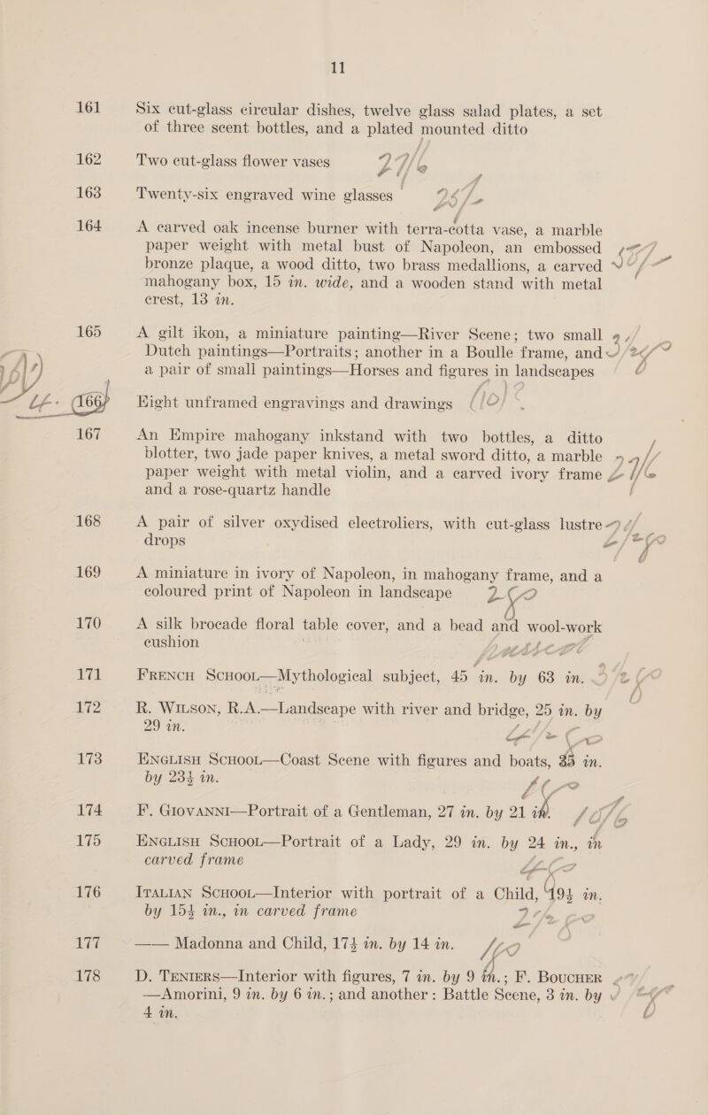 161 Six cut-glass circular dishes, twelve glass salad plates, a set of three scent bottles, and a plated mounted ditto 162 Two cut-glass flower vases ys Who ey a ts 163 Twenty-six engraved wine glasses — ILD LS wo 4 : 6 # 164 A carved oak incense burner with terra-cotta vase, a marble paper weight with metal bust of Napoleon, an embossed SF ae bronze plaque, a wood ditto, two brass medallions, a carved A mahogany box, 15 i. wide, and a wooden stand with metal crest, 13 in. 165 A gilt ikon, a miniature painting—River Scene; two small 94 Duteh paintings—Portraits - another in a Boulle frame, and — “/ a pair of small paintings—Horses and figures in landscapes f Hight unframed engravings and drawings  An Empire mahogany inkstand with two bottles, a ditto blotter, two jade paper knives, a metal sword ditto, a marble a Vi paper weight with metal violin, and a carved ivory frame ] < and a rose-quartz handle } 168 A pair of silver oxydised electroliers, with cut-glass lustre a drops of? 169 A miniature in ivory of Napoleon, in eves frame, and a eoloured print of Napoleon in landscape os 4 170 A silk brocade floral table cover, and a bead anal ee = eushion tAsteL gal FRENCH Scuoo— Mythological wee 45 ae by 63 in. é z y w/ 172 R. Wiuson, R.A. —Landscape with river and bridge, 25 aM. voy . 29 1M. i LX al C Pe, 173 ENGLISH ScHooL—Coast Scene with figures and boats, 45 mM. by 234 wm. fs ( oO Pa 174 I’. Glovanni—Portrait of a Gentleman, 27 in. by 21 ih Lf, Y &amp;.7# f i@ of i? 175 ENGLISH ScHooL—Portrait of a Lady, 29 in. a - M., in carved frame oie Z ff val Pall fe 176 ITALIAN ae eae with portrait of a Child, 1 40 mM. by 154 im carved frame i —_ ate) —-— Madonna and Child, 174 an. by 14 an. Me g 178 D. Tenrers—lInterior with figures, 7 in. by 9 in.; F. Boucuer é - —Amorini, 9 in. by 6 in. Band piether Battle Scene, 3 on. by \ ool 4 in. ,