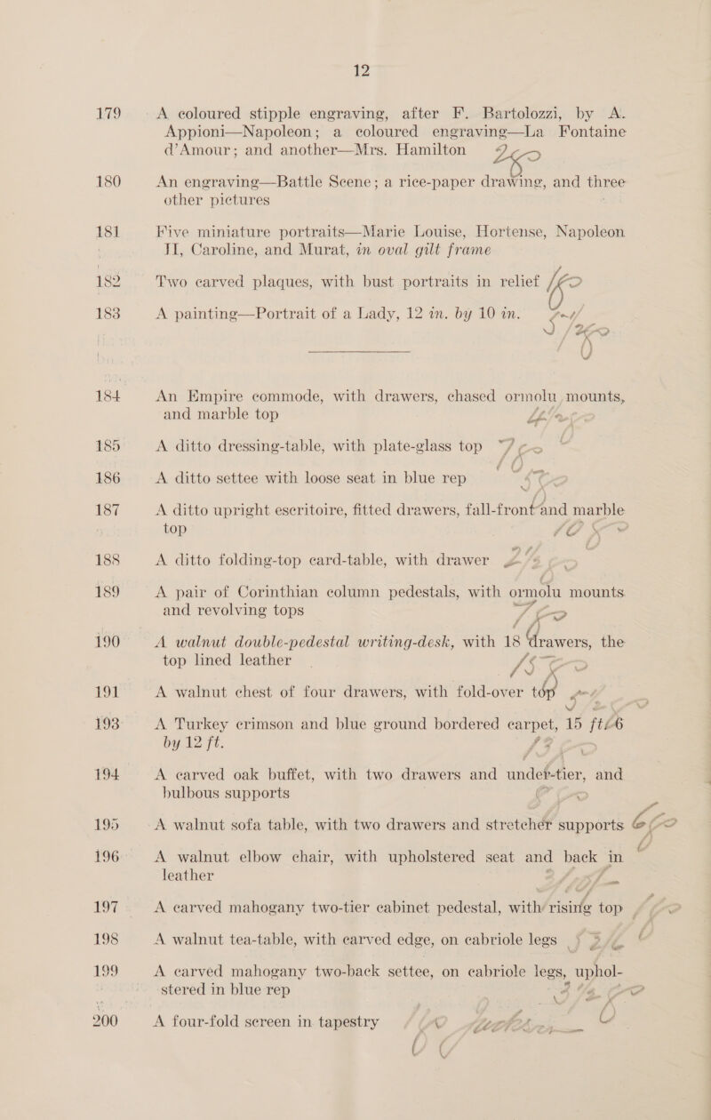 LO 180 12 A coloured stipple engraving, after F. Bartolozzi, by <A. Appioni—Napoleon; a coloured engraving—La Fontaine d’Amour; and another—Mrs. Hamilton VP, 5 An engravine—Battle Scene; a rice-paper drawing, and three other pictures Five mini ie Louise, Hortense, Napoleon JI, Caroline, and Murat, in oval gilt frame  Two carved plaques, with bust portraits in relief oe A painting—Portrait of a Lady, 12 in. by 10 an. fot,  An Empire commode, with drawers, chased ormolu mounts, and marble top Lh wen? A ditto dressing-table, with plate-glass top “/ ¢ A ditto settee with loose seat in blue rep \ A ditto upright eseritoire, fitted drawers, fall- front and ee top ' SO A ditto folding-top card-table, with drawer 2” A pair of Corinthian column pedestals, with omolu mounts. and revolving tops if rl 7 es, / > ‘) 4 A walnut double-pedestal writing-desk, with 18 drawers, the top lined leather | /s _ A walnut chest of four drawers, with fold-over +d¢ $5 A Turkey crimson and blue ground bordered Carp ahs 15 fté 6 by 12 ft. SF t A earved oak buffet, with two drawers and undef tier, and. bulbous supports | A walnut sofa table, with two drawers and stretcher supports AY A walnut elbow chair, with upholstered seat and back in . leather | A earved mahogany two-tier cabinet pedestal, with rising top A walnut tea-table, with carved edge, on cabriole legs 5 | Lge A carved mahogany two-back settee, on cabriole legs, upp: stered in blue rep 4 oe A four-fold sereen in. tapestry tA eg Bi C4