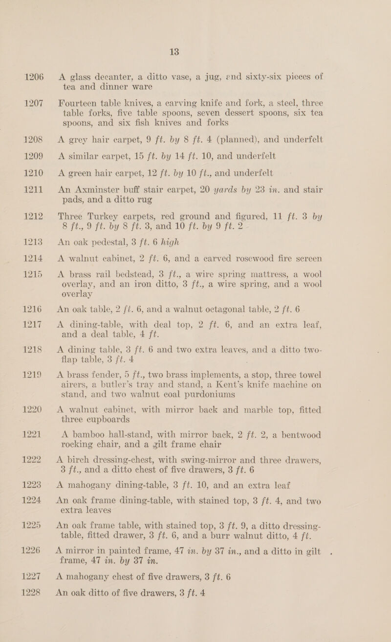 1227 13 A glass decanter, a ditto vase, a jug, end sixty-six pieces of tea and dinner ware Fourteen table knives, a carving knife and fork, a steel, three table forks, five table spoons, seven dessert spoons, six tea spoons, and six fish knives and forks A grey hair carpet, 9 ft. by 8 ft. 4 (planned), and underfelt A similar carpet, 15 ft. by 14 ft. 10, and underfelt A green hair earpet, 12 ft. by 10 ft., and underfelt An Axminster buff stair carpet, 20 yards by 23 in. and stair pads, and a ditto rug Three Turkey carpets, red ground and figured, 11 ft. 3 by S fla) ft. 0 O Pooosama 10 (toy 0 fi. 2 An oak pedestal, 3 ft. 6 high A walnut cabinet, 2 ft. 6, and a earved rosewood fire screen A brass rail bedstead, 3 ft., a wire spring mattress, a wool overlay, and an iron ditto, 3 ft., a wire spring, and a wool overlay An oak table, 2 ft. 6, and a walnut octagonal table, 2 ft. 6 A dining-table, with deal top, 2 ft. 6, and an extra leaf, and a deal table, 4 ft. A dining table, 3 ft. 6 and two extra leaves, and a ditto two- flap table, 3 ft. 4 A brass fender, 5 ft., two brass implements, a stop, three towel airers, a butler’s tray and stand, a Kent’s knife machine on stand, and two walnut coal purdoniums A walnut cabinet, with mirror back and marble top, fitted three cupboards A bamboo hall-stand, with mirror back, 2 ft. 2, a bentwood rocking chair, and a gilt frame chair A birch dressing-chest, with swing-mirror and three drawers, 3 ft., and a ditto chest of five drawers, 3 ft. 6 A mahogany dining-table, 3 ft. 10, and an extra leaf An oak frame dining-table, with stained top, 3 ft. 4, and two extra leaves An oak frame table, with stained top, 3 ft. 9, a ditto dressing- table, fitted drawer, 3 ft. 6, and a burr walnut ditto, 4 fé. A mirror in painted frame, 47 in. by 37 in., and a ditto in gilt frame, 47 an. by 87 in. A mahogany chest of five drawers, 3 ft. 6