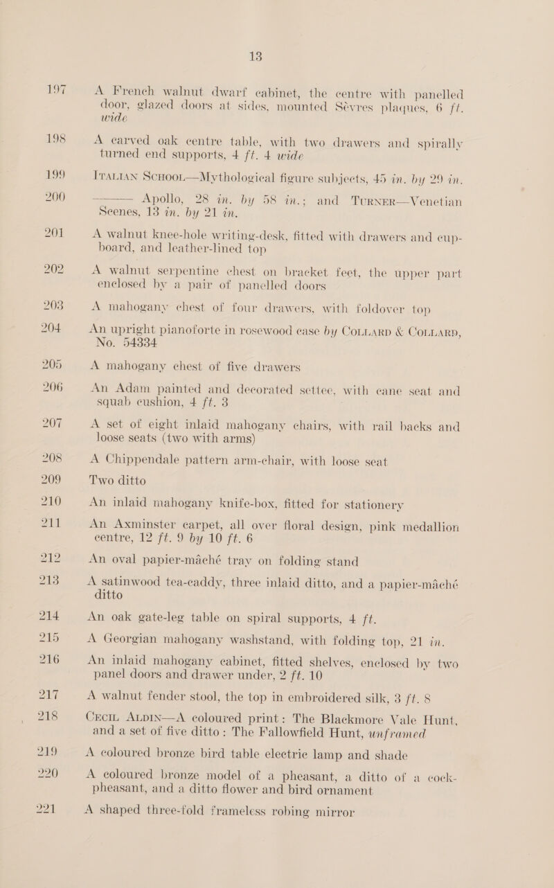 Ld A French walnut dwarf cabinet, the centre with panelled door, glazed doors at sides, mounted Sévres plaques, 6 ft. wode A earved oak centre table, with two drawers and spirally turned end supports, 4 ft. 4 wide ITALIAN ScHOOL  Mythological figure subjects, 45 in. by 29 an. Apollo, 28 in. by 58 in.; and Turner—vVenetian Seenes, 13 in. by 21 in.  A walnut knee-hole writing-desk, fitted with drawers and cup- board, and leather-lined top A walnut serpentine chest on bracket feet, the upper part enclosed by a pair of panelled doors A mahogany chest of four drawers, with foldover top An upright pianoforte in rosewood ease by CoLLAarRD &amp; COLLARD, No. 54384 A mahogany chest of five drawers An Adam painted and decorated settee, with cane seat and squab cushion, 4 ft. 3 | A set of eight inlaid mahogany chairs, with rail backs and loose seats (two with arms) A Chippendale pattern arm-chair, with loose seat Two ditto An inlaid mahogany knife-box, fitted for stationery An Axminster carpet, all over floral design, pink medallion centre, 12 ft. 9 by 10 ft. 6 An oval papier-maché tray on folding stand A satinwood tea-caddy, three inlaid ditto, and a papier-mAché ditto An oak gate-leg table on spiral supports, 4 ft. A Georgian mahogany washstand, with folding top, 21° 97, An inlaid mahogany cabinet, fitted shelves, enclosed by two panel doors and drawer under, 2 ft. 10 A walnut fender stool, the top in embroidered silk, 3 ft. 8  Crcm, ALpin—A coloured print: The Blackmore Vale Hunt, and a set of five ditto: The Fallowfield Hunt, unframed A coloured bronze bird table electric lamp and shade A coloured bronze model of a pheasant, a ditto of a cock- pheasant, and a ditto flower and bird ornament A shaped three-fold frameless robing mirror