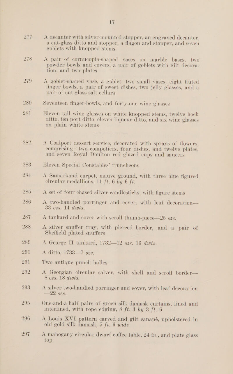 217 278 219 289 290 291 292 293 ig A decanter with silver-mounted stopper, an engraved decanter, a cut-glass ditto and stopper, a flagon and stopper, and seven goblets with knopped stems A pair of cornucopia-shaped vases on marble bases, two powder bowls and covers, a pair of goblets with gilt decora- tion, and two plates A goblet-shaped vase, a goblet, two small vases, eight fluted finger bowls, a pair of sweet dishes, two jelly glasses, and a pair of cut-glass salt cellars Seventeen finger-bowls, and forty-one wine glasses Kleven tall wine glasses on white knopped stems, twelve hock ditto, ten port ditto, eleven liqueur ditto, and six wine glasses on plain white stems A. Coalport dessert service, decorated with sprays of flowers, comprising : two compotiers, four dishes, and twelve plates, and seven Royal Doulton red glazed cups and saucers Kleven Special Constables’ truncheons A Samarkand carpet, mauve ground, with three blue figured circular medallions, 11 ft. 6 by 6 ft. A set of four chased silver candlesticks, with figure stems A two-handled porringer and cover, with leaf decoration— 33 02s. 14 dwts. A tankard and cover with seroll thumb-piece—25 ozs. A silver snuffer tray, with pierced border, and a pair of Sheffield plated snuffers A George II tankard, 1732—12 ozs. 16 dwts. A ditto, 1733—7 ozs: Two antique punch ladles A Georgian circular salver, with shell and seroll border— 8 ozs. 18 dwis. A silver two-handled porringer and cover, with leaf decoration —22 ozs. One-and-a-half pairs of green silk damask curtains, lined and interlined, with rope edging, 8 ft. 3 by 3 ft. 6 A Louis XVI pattern carved and gilt canapé, upholstered in old gold silk damask, 5 ft. 6 wide A mahogany cireular dwarf coffee table, 24 in., and plate glass top