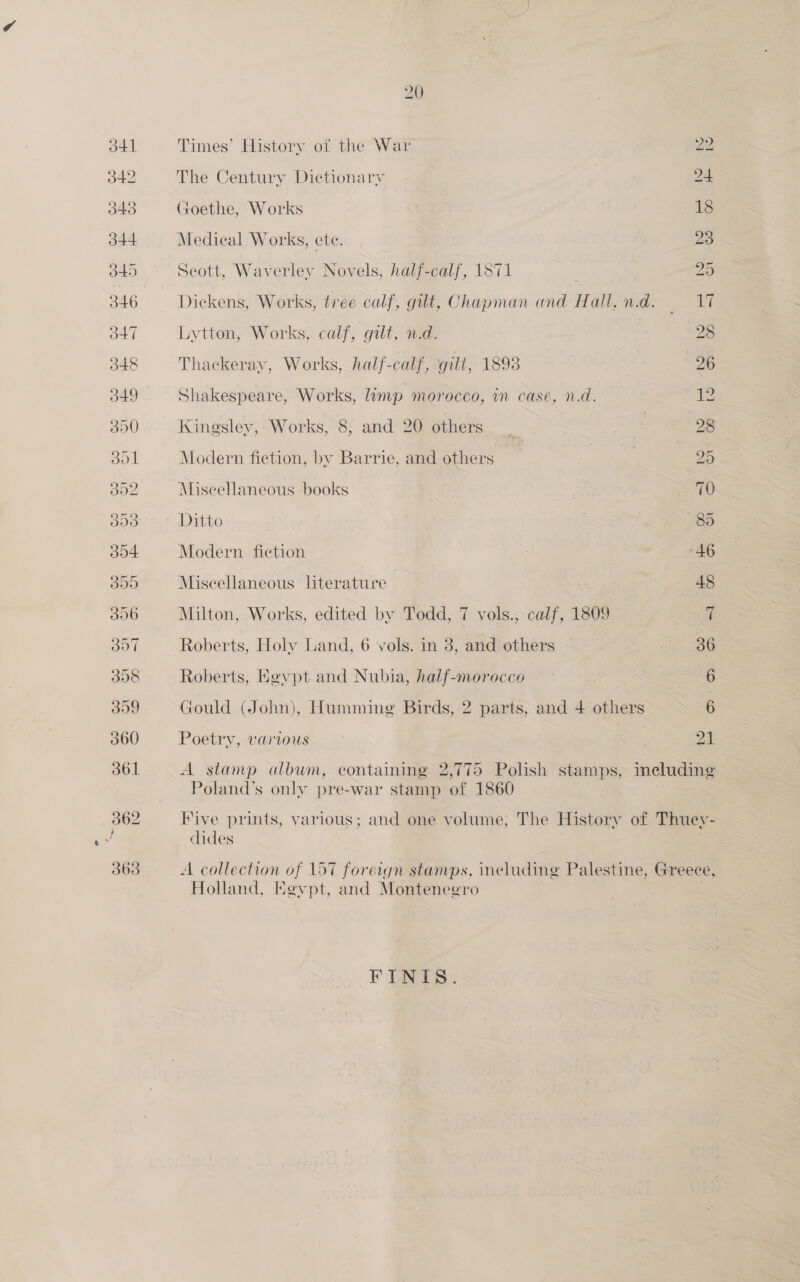 Times’ History of the War The Century Dictionary Goethe, Works Medical Works, ete. Seott, Waverley Novels, half-calf, 1571 Lytton, Works, calf, galt, n.d. Thackeray, Works, half-calf, gilt, 1893 Shakespeare, Works, limp morocco, in case, n.d. Kingsley,- Works, 8, and 20 others Modern fiction, by Barrie, and others Miscellaneous books Ditto Modern fiction Miscellaneous literature Milton, Works, edited by Todd, 7 vols., calf, 1809 Roberts, Holy Land, 6 vols. in 3, and others Roberts, Egvpt and Nubia, half-morocco Gould (John), Humming Birds, 2 parts, and 4 others Poetry, various 21 Poland’s only pre-war stamp of 1860 dides Holland, Kevpt, and Montenegro ¥ Tis.