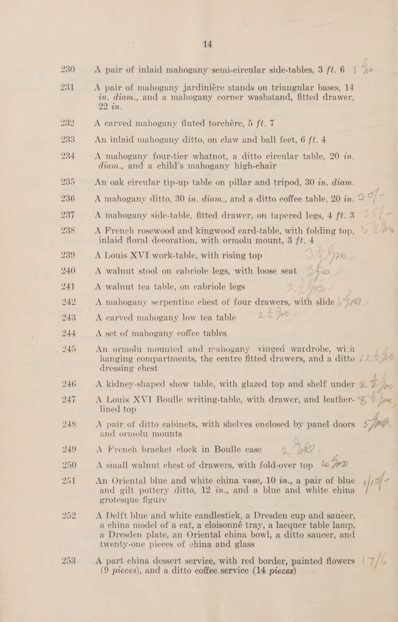 230 231 14 f ti} A pair of inlaid mahogany semi-circular side-tables, 3 ft. 6 | A pair of mahogany jardiniére stands on triangular bases, 14 in. diam., and a mahogany corner washstand, fitted drawer, 22 an. A earved mahogany fluted torchére, 5 ft. 7 An inlaid mahogany ditto, on claw and ball feet, 6 ft. 4 A mahogany four-tier whatnot, a ditto cireular table, 20 in. diam., and a child’s mahogany high-chair A French rosewood and kingwood card-table, with folding top, = inlaid floral decoration, with ormolu mount, 3 ft. 4 _ A Louis XVI work-table, with rising top : A walnut stool on cabriole legs, with loose seat ~ f a) A walnut tea table, on cabriole legs 4 : A mahogany serpentine chest of four drawers, wn fiaet SME A carved mahogany low tea table 22 A set of mahogany coffee tables An ormolu mounted and mahugany ‘vinged wardrobe, wi: hanging compartments, the centre fitted drawers, and a ditto / 2° dressing chest A Louis XVI Boulle writing-table, with drawer, and leather- 4 lined top and ormolu mounts A small walnut chest of drawers, with fold-over oe de yD An Oriental blue and white china vase, 10 iv., a pair of blue , F and gilt pottery ditto, 12 an., and a blue and white china / erotesque figure A Delft blue and white candlestick, a Dresden cup and saucer, a china model of a eat, a cloisonné tray, a lacquer table lamp, a Dresden plate, an Oriental china bowl, a ditto saucer, and twenty-one pieces of china and glass A part china dessert service, with red border, painted flowers { 7 / (9 preces), and a ditto coffee service (14 pieces) we /