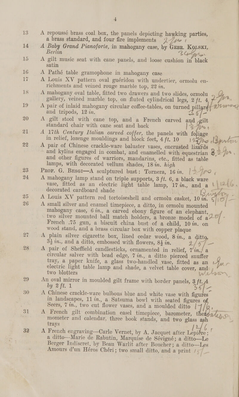 28 a4. at 28 29 30 3B + A repoussé brass coal box, the panels depicting hawking parties, a brass standard, and four fire implements Dre | | A Baby Grand Pianoforie, in mahogany case, by GEBr. KoLsK1, Berlin 2 Operer A gilt music seat with cane panels, and loose cushion in black satin A Pathé table gramophone in mahogany case A Louis XV pattern oval guéridon with undertier, ormolu en- richments and veined rouge marble top, 22 in. A mahogany oval table, fitted two drawers and two slides, ormolu A f * f 7 and tripods, 12 in. A gilt stool with cane top, and a French carved and ,gilt standard chair with cane seat and back | 3Ayrr | A l%th Century Italian carved coffer, the panels with foliage In relief, lozenge mouldings and block feet, 4 ft 10 A pair of Chinese crackle-ware baluster vases, encrusted lizards and kylins engaged in combat, and enamelled with equestrian and other figures of warriors, mandarins, etc., fitted as table lamps, with decorated vellum shades, 18 in. high ad a &amp;; ad A mahogany lamp stand on triple supports, 3 ft. 6, a black ware decorated cardboard shade cok Gee S04 bh cm . A Louis XV pattern red tortoiseshell and ormolu casket, 10 in. G];@/_-— A small silver and enamel timepiece, a ditto, in ormolu mounted mahogany case, 6in., a carved ebony figure of an elephant, , _/ French .75 gun, a biscuit china bust of a child, 10 in. on wood stand, and a brass circular box with copper plaque A plain silver cigarette box, lined cedar wood, 8%in., a ditto, 33 m., and a ditto, embossed with flowers, 84 in. 24% if A pair of Sheffield candlesticks, ornamented in relief, 7'in., circular salver with bead edge, 7in., a ditto pierced snuffer tray, a paper knife, a glass two-handled vase, fitted as an { f) An oval mirror in moulded gilt frame with border panels, 3 ft. Dyce. 1. in landscapes, 11 in., a Satsuma bowl with seated figures A French gilt combination easel timepiece, barometer, the mometer and calendar, three book stands, and two glass ash trays | is Pye A French engraving—Carle Vernet, by A. J acquet after Lepiére ; a ditto—Marie de Rabutin, Marquise de Sévigné; a ditto—Le Berger Indiscret, by Beau Warlit after Boucher ; a ditto—Les Amours d’un Héros Chéri; two small ditto, and a print /