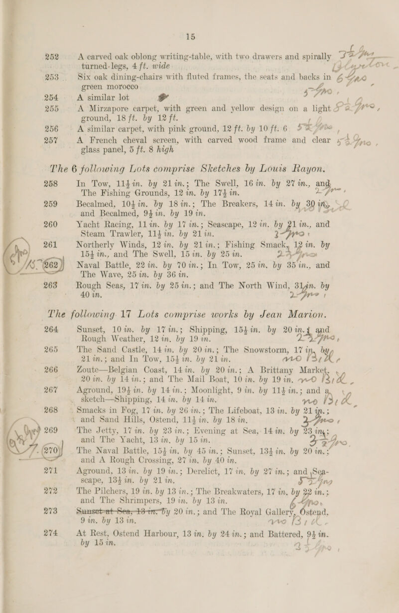 ay a   R52 254 255 256 Ro% 15 | £4 A carved oak oblong writing-table, with two drawers and spirally = ~~ fed, — turned: legs, 4 ft. wide. | [pty Cort Six oak dining-chairs with fluted frames, the seats and ines?” in 6 GA ereen morocco | ~ A similar lot bd 37; Ip rs . 1 aa) ? ground, 18 ft. by 12 ft. se A French cheval screen, with carved wood frame and clear rat Gare glass panel, 5 ft. 8 high 258 264 260 267 268 274 In Tow, 1lldin. by 21in.; The Swell, 16in. by 2% m., an The Fishing Grounds, 12 in, by 174 in. afr Becalmed, 104 in. by 18 in.; The Breakers, 14 in. by 29 im, Lf and Becalmed, 94am. by 19 Mm. Yacht Racing, llin. by 17 wn.; Seascape, 12 im.. by 21in., and Steam Trawler, 114i. by 21 in. 2 Northerly Winds, 12 im. by 21%n.; Fishing emer. vs im. by 154 m., and The Swell, 15.n. by 25 4n. LATie Naval Battle, 22 in. by 70im.; In Tow, 25%, by 35 %n., and The Wave, 251i. by 36 in. | Rough Seas, 171i. by 25%n.; and The North Wind, 31lgn. by 40 wn. “fre ; Sunset, 10m. by 17% im.; Shipping, 154in. by 20 ES d Rough Weather, 12 1m. by 19 i. ins, The Sand Castle, 141m. by 20in.; The Snowstorm, Wi YE by, 21%m.; and In Tow, 154 wm. by 21 in. ih Zoute—Belgian Coast, 14m. by 20im.; A Brittany a ‘ 20m. by 14%m.; and The Mail Boat, 10 in. by 19 in. vo | an Aground, 194 in. by 14%m.; Moonlight, 9 in. by 114 %in.; and sketch—Shipping, 14 in. by 14 in. roo 13 a The Jetty, 17 im. by 23 in.; ; Evening at Sea, 14m. by 23 U3 and The Yacht, 13 in. by “15 in. ayo and A Rough Crossing, 27 in. by 40 in. Aground, 13 wm. by 19 in.; Derelict, 17 in. by 27 in.; and ,S scape, 134m. by 211. rth ng The Pilchers, 19 in. by 13 in.; The Breakwaters, 17 in. by oe if and The Shrimpers, 19 am. by 13 tn. gi Sunset-at-Sea;s-t3-t1-by 20 in.; and The Royal Gallery rane 9m. by 13 im. V9 Bid At Rest, Ostend Harbour, 13 in. by 24 in.; and Battered, oo by 15 in. Q ~— \