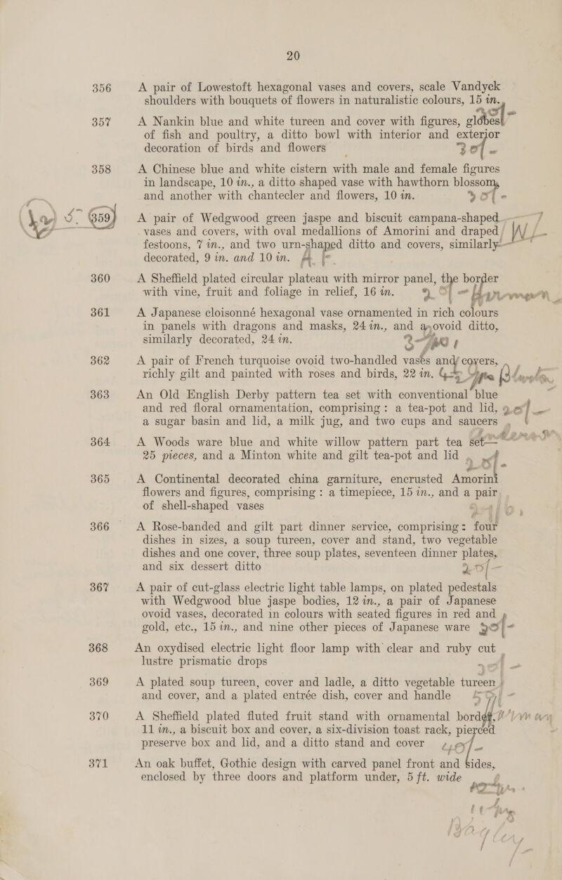356 A pair of Lowestoft hexagonal vases and covers, scale Vandyck shoulders with bouquets of flowers in naturalistic colours, 15 in. B57 A Nankin blue and white tureen and cover with figures, ‘adel of fish and poultry, a ditto bowl with interior and exter or decoration of birds and flowers 3 301. com 358 A Chinese blue and white cistern with male and female figures in landscape, 10 i., a ditto shaped vase with hawthorn blossom, and another with chantecler and flowers, 10 1. % OT - oe 59) A pair of Wedgwood green jaspe and biscuit campana-shaped oe vases and covers, with oval medallions of Amorini and draped; |/\/ ,_. festoons, 7 1n., and two urn- -shaped ditto and covers, similarly —~ ° decorated, 9 in. and 10 wn. Pr i 360 A Sheffield plated circular plateau with mirror ae the borer with vine, fruit and foliage in relief, 16 1. ) ae i) Diovrawrh _  361 A Japanese cloisonné hexagonal vase ornamented in rich colours in panels with dragons and masks, 24 in., ane a, ovoid ditto, similarly decorated, 24 in. 3° “We | 362 A pair of French turquoise ovoid two-handled vases and covers, , richly gilt and painted with roses and birds, 22 in. G3 Jif. an 363 An Old English Derby pattern tea set with conventional ai | and red floral ornamentation, comprising: a tea-pot and lid, : a] a sugar basin and hd, a milk jug, and two cups and saucers g ‘  364: A Woods ware blue and white willow pattern part tea set 25 pieces, and a Minton white and gilt tea-pot and lid . oy » Iie 365 A Continental decorated china garniture, encrusted Pee, flowers and figures, comprising : a timepiece, 15 in., and a pair of shell-shaped vases Oct | 366 A Rose-banded and gilt part dinner service, comprising : tote dishes in sizes, a soup tureen, cover and stand, two vegetable dishes and one cover, three soup plates, seventeen dinner plates, and six dessert ditto 20/—- 367 A pair of cut-glass electric light table lamps, on plated pedestals with Wedgwood blue jaspe bodies, 121m., a pair of Japanese ovoid vases, decorated in colours with seated figures in red and f gold, ete., 15 wm., and nine other pieces of Japanese ware 2} “ 368 An oxydised electric light floor lamp with clear and ruby cut lustre prismatic drops a 369 A plated soup tureen, cover and ladle, a ditto vegetable tureen : and cover, and a plated entrée dish, cover and handle =“ jj A 370 A Sheffield plated fluted fruit stand with ornamental borddf, ; Ww Vn an 11 wm., a biscuit box and cover, a six-division toast rack, pierced preserve box and lid, and a ditto stand and cover i. To at B71 An oak buffet, Gothic design with carved panel front and Sides, enclosed by three doors and platform under, 5 ft. wide Pa; Ry 4
