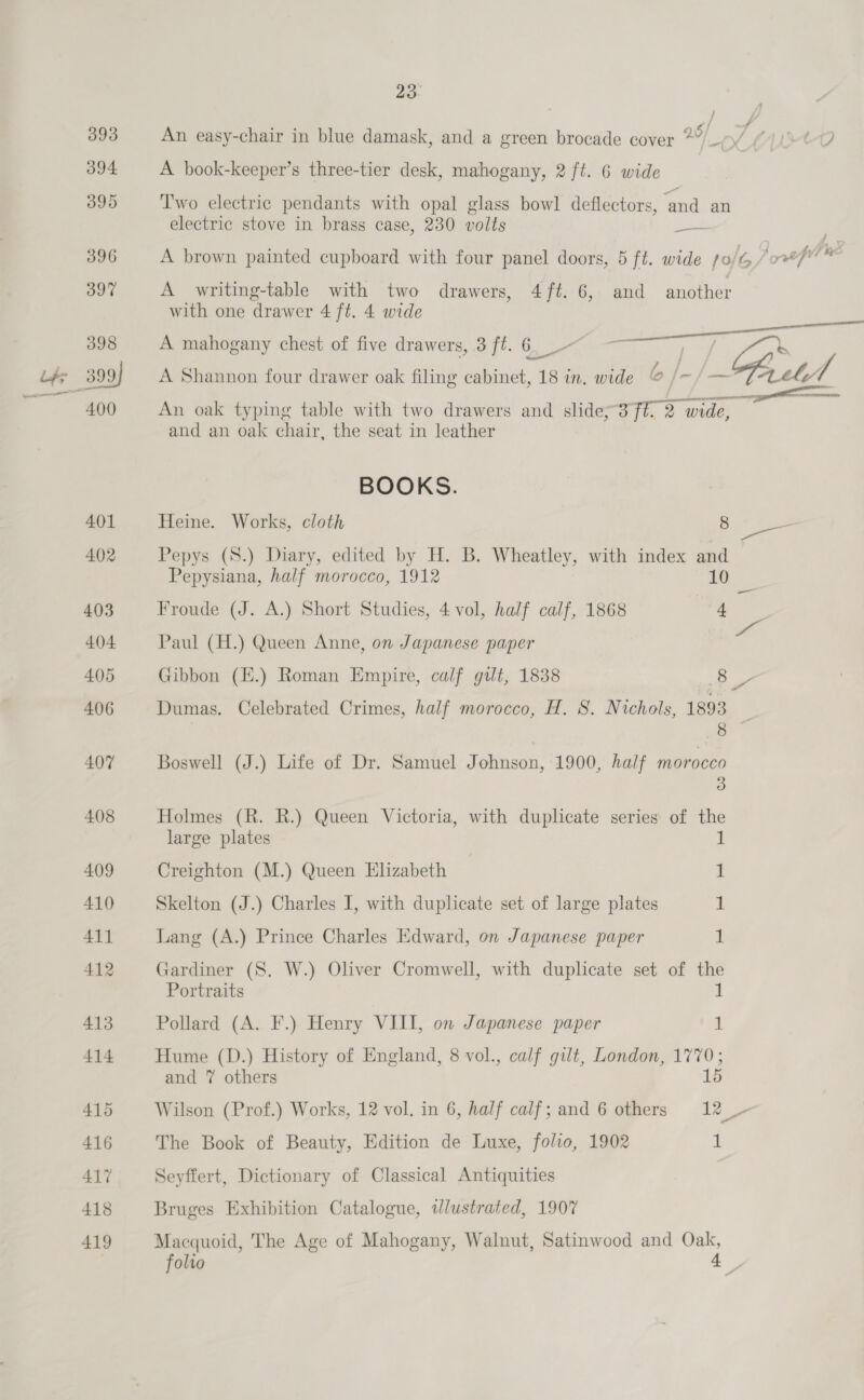 23 / y, 393 An easy-chair in blue damask, and a green brocade cover 2” fe ¢ 394 A book-keeper’s three-tier desk, mahogany, 2 ft. 6 wide 395 Two electric pendants with opal glass bowl deflectors, ‘and an electric stove in brass case, 230 volts — 397 A writing-table with two drawers, 4 ft. 6, and another with one drawer 4 ft. 4 wide 398 A mahogany chest of five drawers, 3 ft. Mee / f yh san 399) A Shannon four drawer oak filing cabinet, 18 in. wide o |~/—*Tarcy / eS 400 An oak typing table with two drawers and slide; 3%. 2 wide, xe and an oak chair, the seat in leather BOOKS. 401 Heine. Works, cloth 8 em 402 Pepys (S.) Diary, edited by H. B. Wheatley, with index and Pepysiana, half morocco, 1912 10 403 Froude (J. A.) Short Studies, 4 vol, half calf, 1868 4 sf ; 4.04. Paul (H.) Queen Anne, on Japanese paper ae 405 Gibbon (E.) Roman Empire, calf gilt, 1838 a 406 Dumas. Celebrated Crimes, half morocco, H. 8. Nichols, 1893 407 Boswell (J.) Life of Dr. Samuel Johnson, 1900, half morocco 3 408 Holmes (R. BR.) Queen Victoria, with duplicate series of the large plates 1 409 Creighton (M.) Queen Elizabeth | hi 410 Skelton (J.) Charles I, with duplicate set of large plates 1 411 Lang (A.) Prince Charles Edward, on Japanese paper 1 412 Gardiner (S. W.) Oliver Cromwell, with duplicate set of the Portraits il 414 Hume (D.) History of England, 8 vol., calf gilt, London, 1770; and 7 others 15 415 Wilson (Prof.) Works, 12 vol. in 6, half calf; and 6 others 12 _~ 416 The Book of Beauty, Edition de Luxe, folio, 1902 ] 417 Seyffert, Dictionary of Classical Antiquities 418 Bruges Exhibition Catalogue, wlustrated, 1907 419 Macquoid, The Age of Mahogany, Walnut, Satinwood and Oak, ) folto 4 