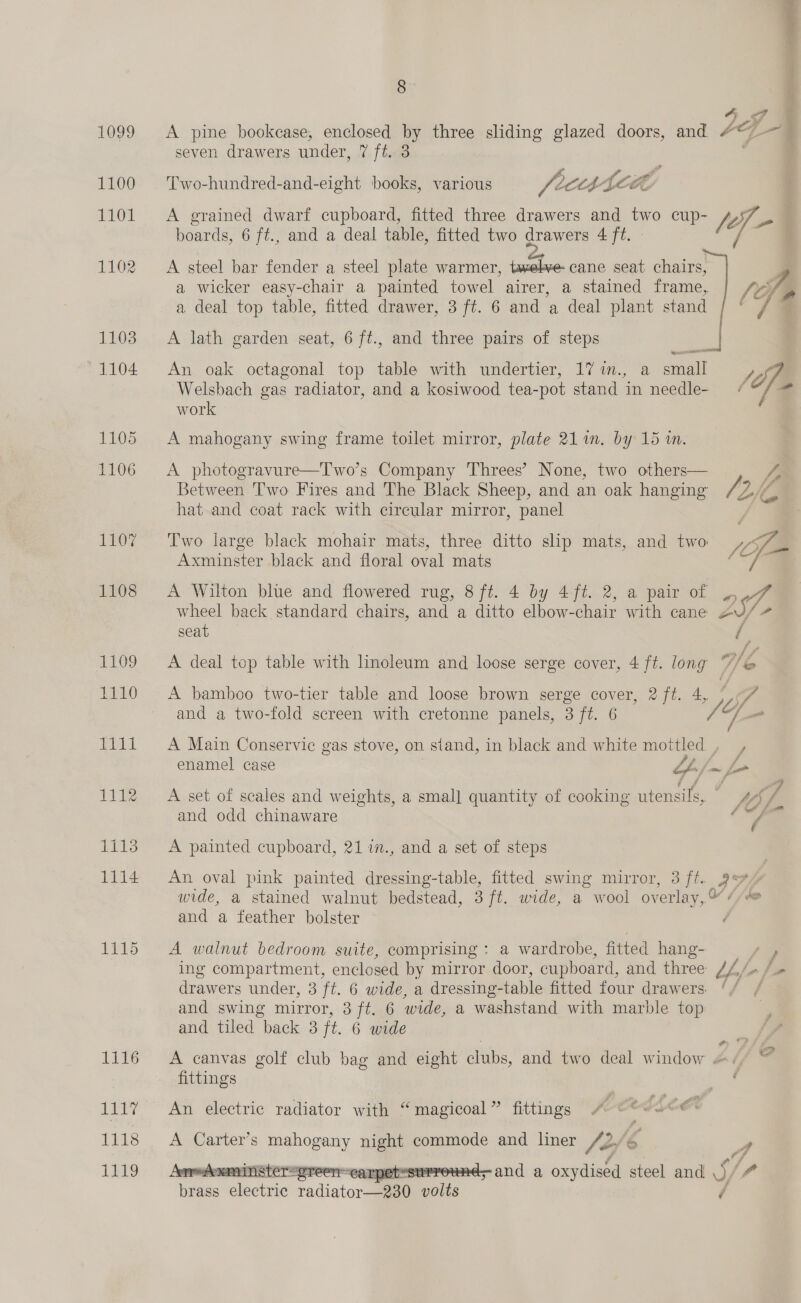 1099 A pine bookcase, enclosed by three sliding glazed doors, and 2g, oy 7-4 seven drawers under, (Oh: . fy Or A 1100 Two-hundred-and-eight books, various f CBDEE. 1101 A grained dwarf cupboard, fitted three drawers and two cup- lof. a boards, 6 ft., and a deal table, fitted two erenes 4 ft. / 1102 A steel bar fender a steel plate warmer, i oe seat chairs, a wicker easy-chair a painted towel airer, a stained frame, te, a deal top table, fitted drawer, 3 ft. 6 and a deal plant stand 1103 A lath garden seat, 6 ft., and three pairs of steps 1104 An oak octagonal top table with undertier, 17 im., a small - of Welsbach gas radiator, and a kosiwood tea-pot stand in needle- ““/ @ work 1105 &lt;A mahogany swing frame toilet mirror, plate 211m. by 15 m. 1106 &lt;A photogravure—Two’s Company Threes’ None, two others— Vy Between ‘Two Fires and The Black Sheep, and an oak hanging Vp if, hat and coat rack with circular mirror, panel 1107 Two large black mohair mats, three ditto shp mats, and two “ta Axminster black and floral oval mats ed oi 1108 &lt;A Wilton blue and flowered rug, 8/ft. 4 by 4/ft. 2, a pair of es f, wheel back standard chairs, and a ditto elbow-chair with cane oy seat / 1109 A deal top table with linoleum and loose serge cover, 4 ft. long We 1110 A bamboo two-tier table and loose brown serge cover, 2 ft. 4, / a f and a two-fold screen with cretonne panels, 3 ft. 6 / a _ 111i A Main Conservic gas stove, on stand, in black and white mottled , , enamel case ps 3 Mag &amp; 1112 A set of scales and weights, a smal] quantity of cooking utensils, ss/ and odd chinaware at é 1113 &lt;A painted cupboard, 21 1., and a set of steps 1114 An oval pink painted dressing-table, fitted swing mirror, 3 ft. 9% wide, a stained walnut bedstead, 3 ft. wide, a wool overlay, a iy aad and a feather bolster : 1115 A walnut bedroom suite, comprising : a wardrobe, fitted hang- - ing compartment, enclosed by mirror door, cupboard, and three LL {rf drawers under, 3 ft. 6 wide, a dressing-table fitted four drawers. ‘/ / and swing mirror, 3 ft. 6 wide, a washstand with marble top and tiled “back 3 it. 6 wide aon 1116 &lt;A canvas golf club bag and eight clubs, and two deal window &amp;, = fittings ra 1117 An electric radiator with “magicoal” fittings “* : SLO 1118 A Carter’s mahogany night commode and liner /2. ‘4 a  1119 Amwhominster=ereen-carpet-surreund,- and a oxydised steel and Z ‘p brass electric radiator—230 Pals /