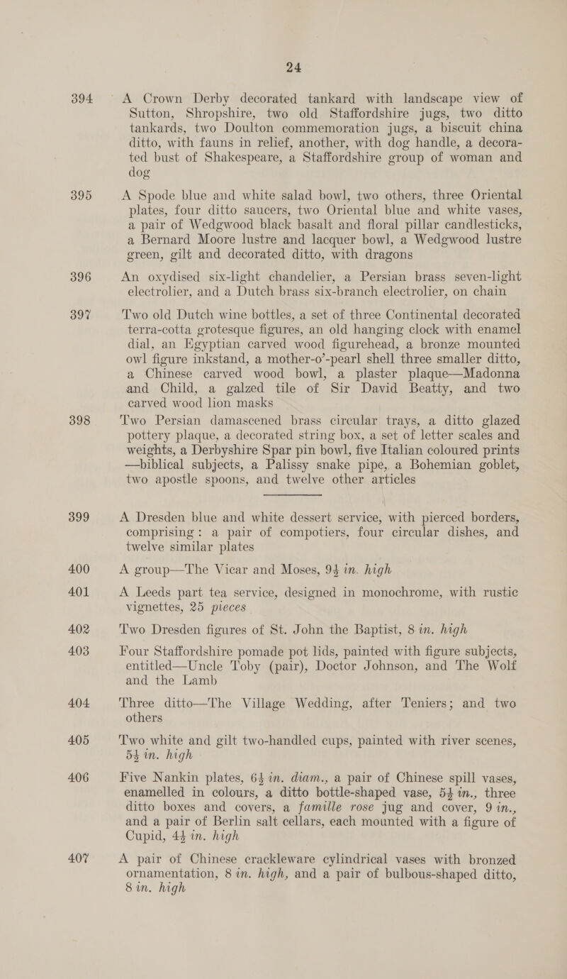 O94 395 396 397 398 399 400 401 402 403 404 405 406 407 24 Sutton, Shropshire, two old Staffordshire jugs, two ditto tankards, two Doulton commemoration jugs, a biscuit china ditto, with fauns in relief, another, with dog handle, a decora- ted bust of Shakespeare, a Staffordshire group of woman and dog A Spode blue and white salad bowl, two others, three Oriental plates, four ditto saucers, two Oriental blue and white vases, a pair of Wedgwood black basalt and floral pillar candlesticks, a Bernard Moore lustre and lacquer bowl, a Wedgwood lustre green, gilt and decorated ditto, with dragons An oxydised six-light chandelier, a Persian brass seven-light electrolier, and a Dutch brass six-branch electrolier, on chain Two old Dutch wine bottles, a set of three Continental decorated terra-cotta grotesque figures, an old hanging clock with enamel dial, an Egyptian carved wood figurehead, a bronze mounted owl figure inkstand, a mother-o’-pearl shell three smaller ditto, a Chinese carved wood bowl, a plaster plaque—Madonna and Child, a galzed tile of Sir David Beatty, and two carved wood lion masks Two Persian damascened brass circular trays, a ditto glazed pottery plaque, a decorated string box, a set of letter scales and weights, a Derbyshire Spar pin bowl, five Italian coloured prints —hiblical subjects, a Palissy snake pipe, a Bohemian goblet, two apostle spoons, and twelve other articles A Dresden blue and white dessert service, with pierced borders, comprising: a pair of compotiers, four circular dishes, and twelve similar plates A group—The Vicar and Moses, 94 in. high A Leeds part tea service, designed in monochrome, with rustic vignettes, 25 pieces Two Dresden figures of St. John the Baptist, 8 im. high Four Staffordshire pomade pot lids, painted with figure subjects, entitled—Uncle Toby (pair), Doctor Johnson, and The Wolf and the Lamb Three ditto—The Village Wedding, after Teniers; and two others T'wo white and gilt two-handled cups, painted with river scenes, 54 in. high Five Nankin plates, 64 in. diam., a pair of Chinese spill vases, enamelled in colours, a ditto bottle-shaped vase, 54 mn., three ditto boxes and covers, a famille rose jug and cover, 9 in., and a pair of Berlin salt cellars, each mounted with a figure of Cupid, 44 in. high A pair of Chinese crackleware cylindrical vases with bronzed ornamentation, 8 in. high, and a pair of bulbous-shaped ditto, Sin. high