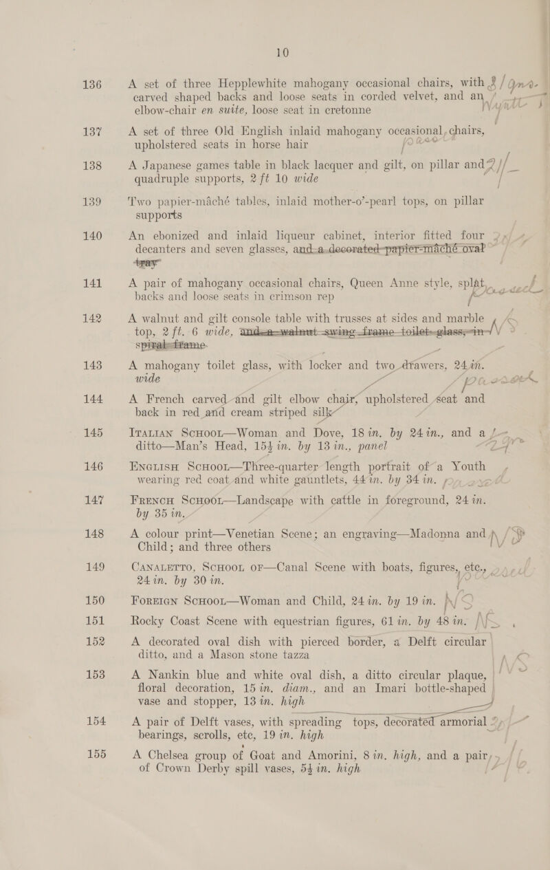 136 137 138 139 140 141 142 143 144. 145 146 147 148 149 150 151 152 153 154. 10 A set of three Hepplewhite mahogany occasional chairs, with, Sf iM Ae carved shaped backs and loose seats in corded velvet, and aD) | pp t elbow-chair en suite, loose seat in cretonne A ey esis A set of three Old English inlaid mahogany Cocaine) chairs, upholstered seats in horse hair A Japanese games table in black lacquer and att, on pillar and % e yf quadruple supports, Xft 10 wide / Two papier-maché tables, inlaid mother-o’-pearl tops, on pillar supports An ebonized and inlaid liqueur cabinet, interior fitted four decanters and seven glasses, and-a.decorated~papier-maché oval ~ A pair of mahogany occasional chairs, Queen Anne style, splat, backs and loose seats in crimson rep | A walnut and gilt onsae table with trusses at sides and marble top, 2ft. 6 wide, Indep—welowt—swinetrame—toiet= peas spiral-trame.  A mahogany toilet glass, with Pacer and two. poets 24.40. P wide Ps Or 2aanryy, aa ~~ ——S A French carved-and gilt elbow ee ed seat and back in red_and cream striped silk” Iratian ScHoot—Woman and Dove, 18in, by 241., and a fe _ ditto—Man’s Head, 153m. by 13 %n., panel 1 le EnetisH ScHoor—Three-quarter length portrait of a Youth wearing red coat-and white oauntlets, 44 in. by 34m. » > FRENCH am sas with cattle in foreground, 24 i. by 35 in. A colour print—Venetian Scene; an engraving—Madonna and /\ N/ ‘Sp Child; and three others / t CANALETTO, SCHOOL OF—Canal Scene with boats, Hee, etc, 241n. by 30 in. aes Foreign ScHoor—Woman and Child, 24 in. by 19 in. ), Rocky Coast Scene with equestrian figures, 61 in. by 48 in. / K A decorated oval dish with pierced border, a Delft circular ditto, and a Mason stone tazza A Nankin blue and white oval dish, a ditto circular plaque, — : floral decoration, 15 in. diam., and an Imari bottle-shaped | vase and stopper, 13 in. high Z —— A pair of Delft vases, with spreading ~ tops, decorated armorial ~ bearings, scrolls, ete, 19 in. high of Crown Derby spill vases, 54 in. high